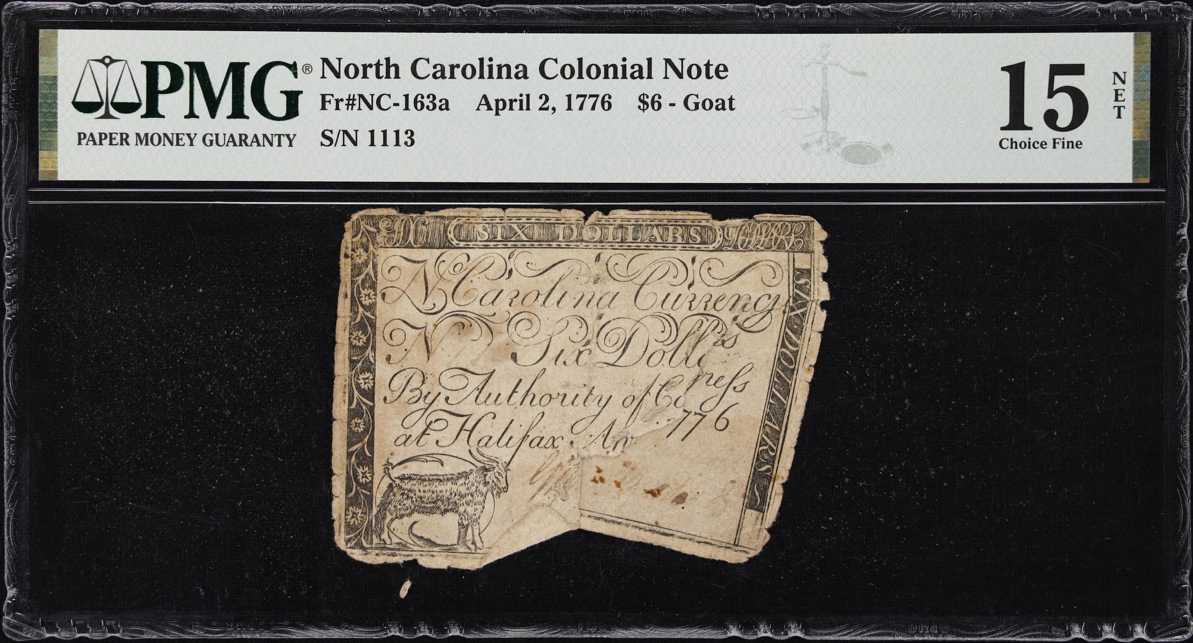 image for: NC-163a. North Carolina. April 2, 1776. $6. PMG Choice Fine 15 Net. Severed, Contemporaneously Sewn.