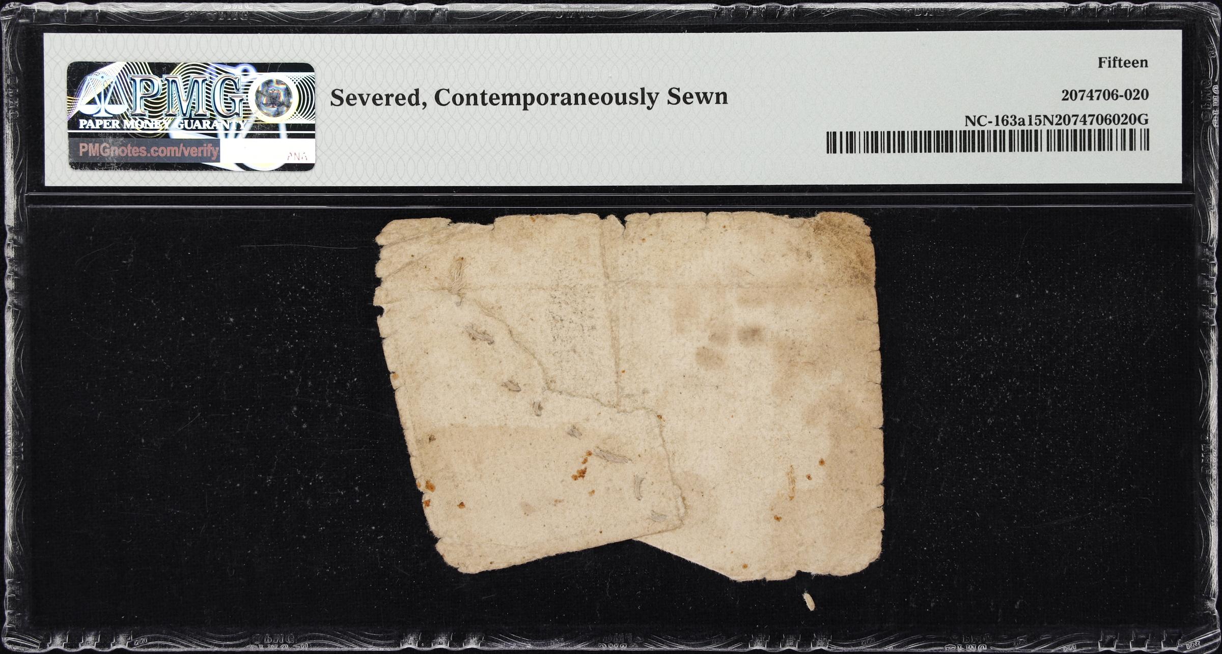 image for: NC-163a. North Carolina. April 2, 1776. $6. PMG Choice Fine 15 Net. Severed, Contemporaneously Sewn.