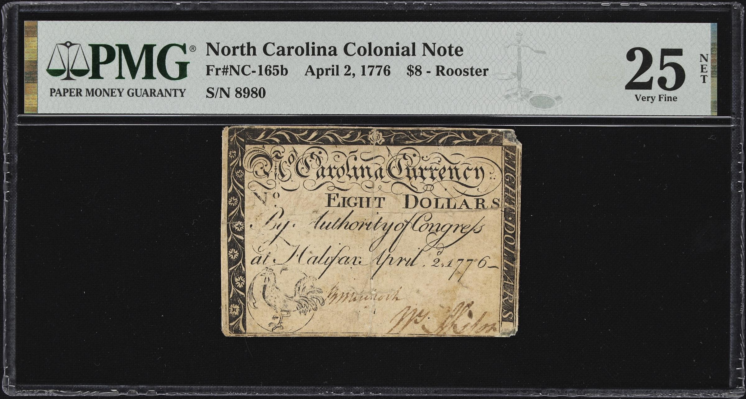 image for: NC-165b. North Carolina. April 2, 1776. $8. PMG Very Fine 25 Net. Backed.