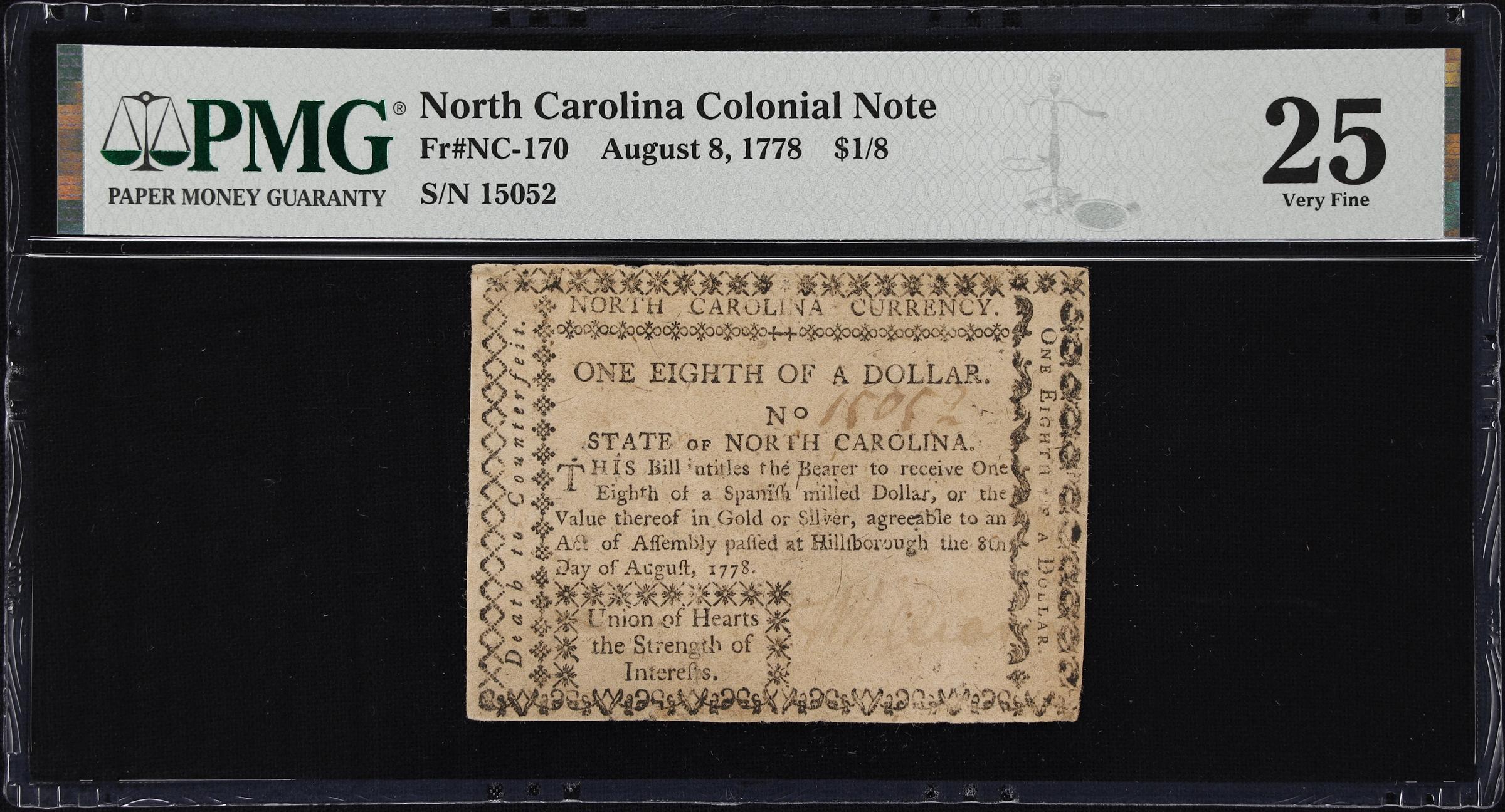 image for: NC-170. North Carolina. August 8, 1778. $1/8. PMG Very Fine 25.