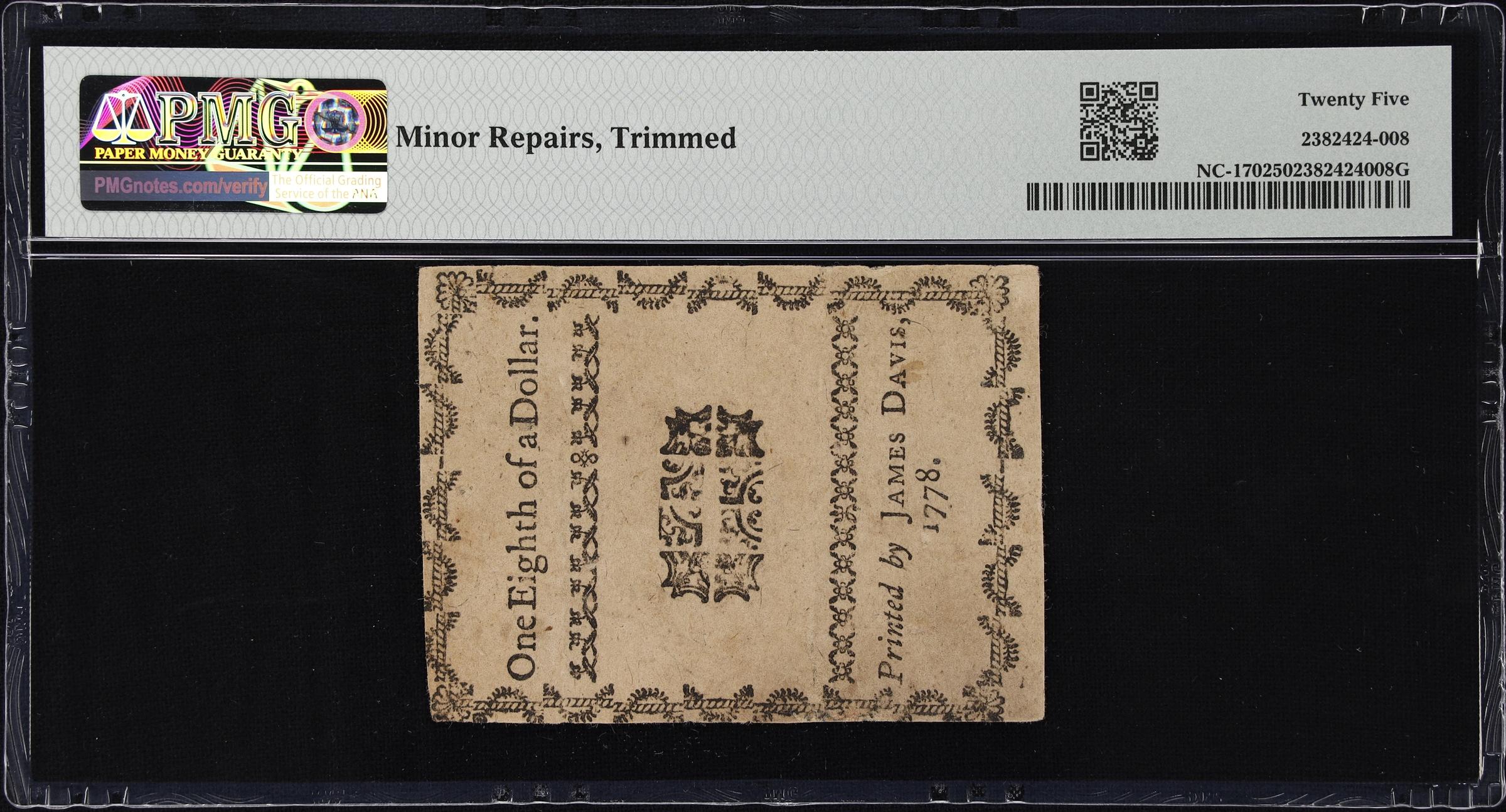 image for: NC-170. North Carolina. August 8, 1778. $1/8. PMG Very Fine 25.