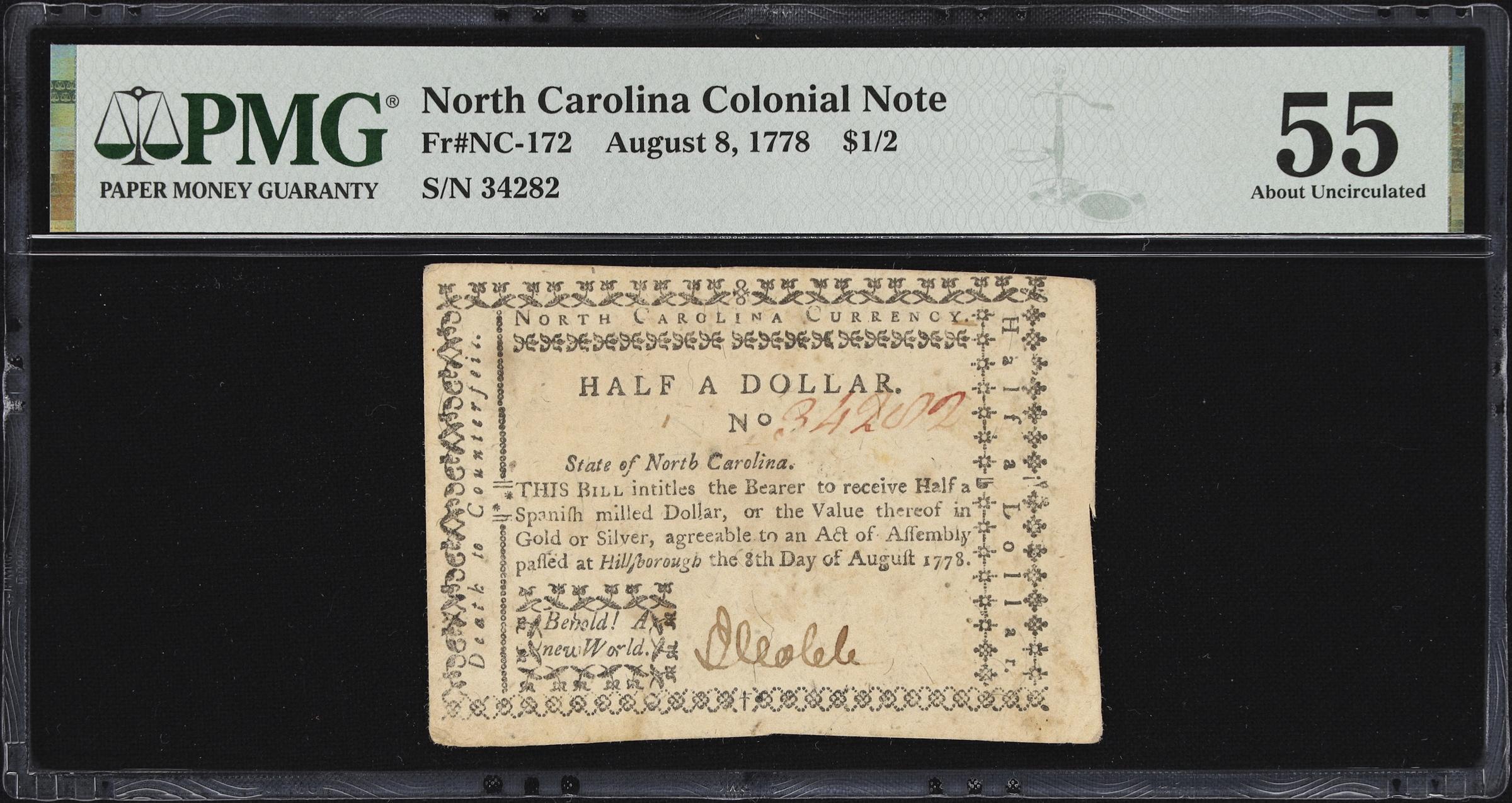image for: NC-172. North Carolina. August 8, 1778. $1/2. PMG About Uncirculated 55.