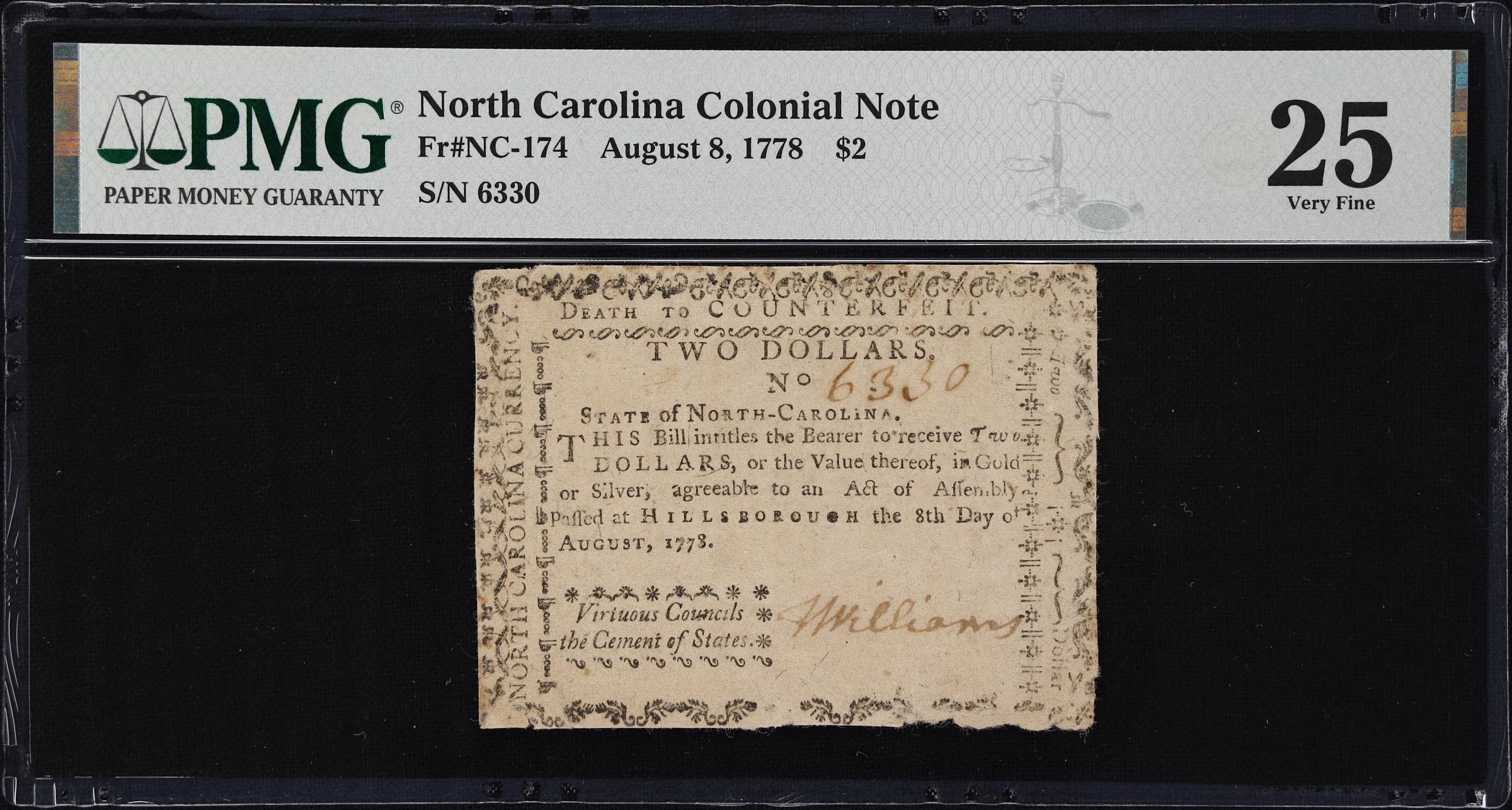 image for: NC-174. North Carolina. August 8, 1778. $2. PMG Very Fine 25.