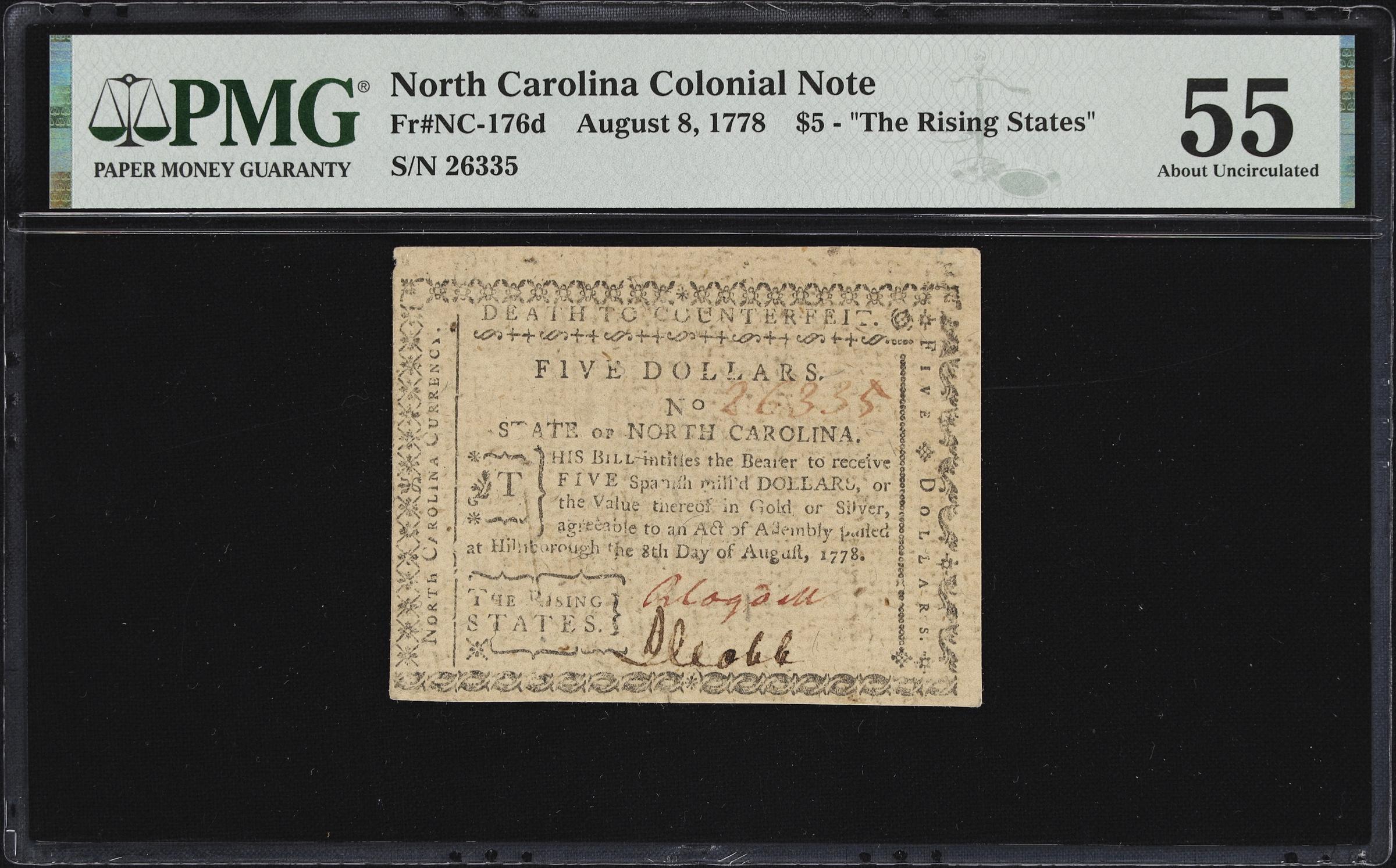 image for: NC-176d. North Carolina. August 8, 1778. $5. PMG About Uncirculated 55.