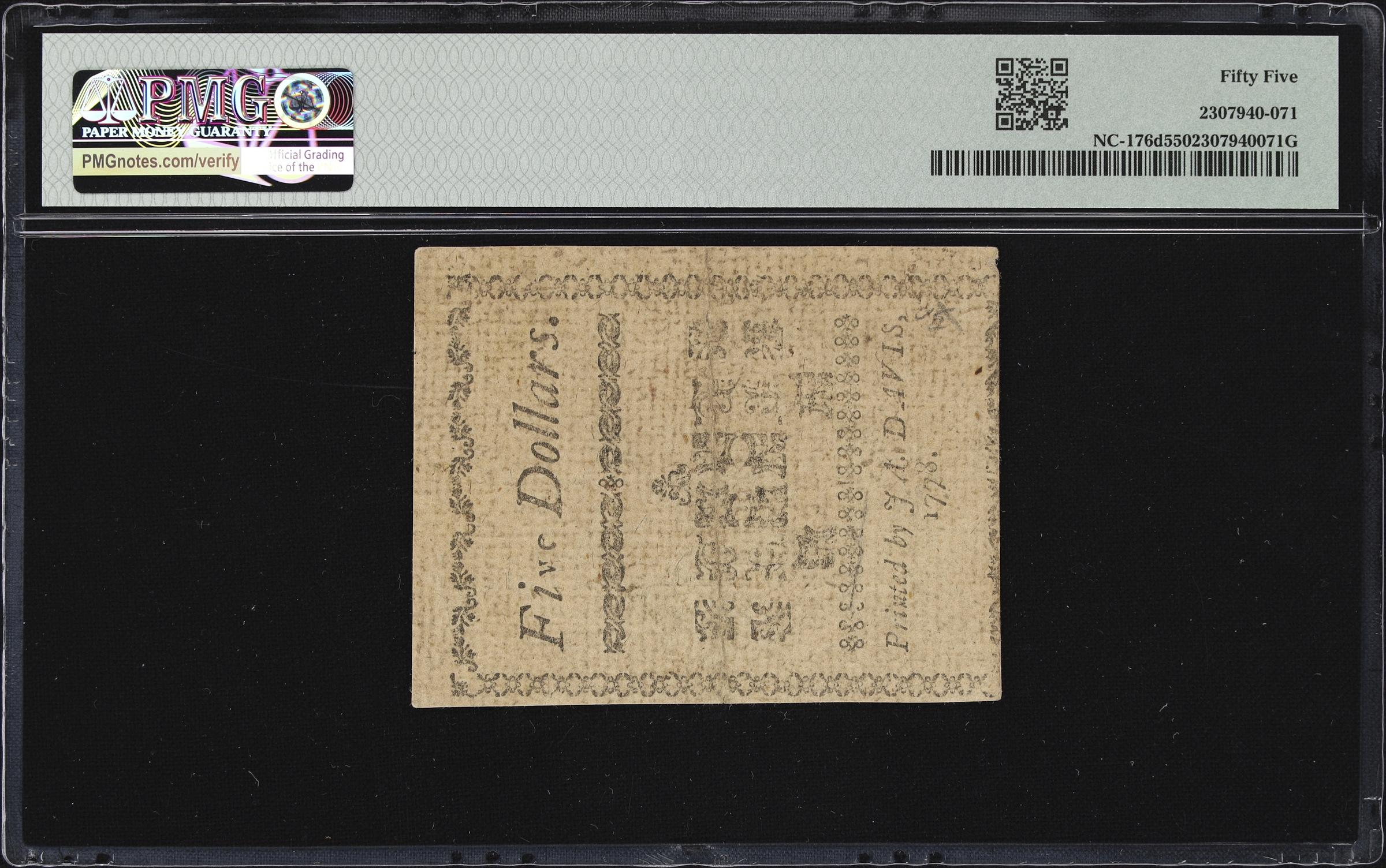 image for: NC-176d. North Carolina. August 8, 1778. $5. PMG About Uncirculated 55.