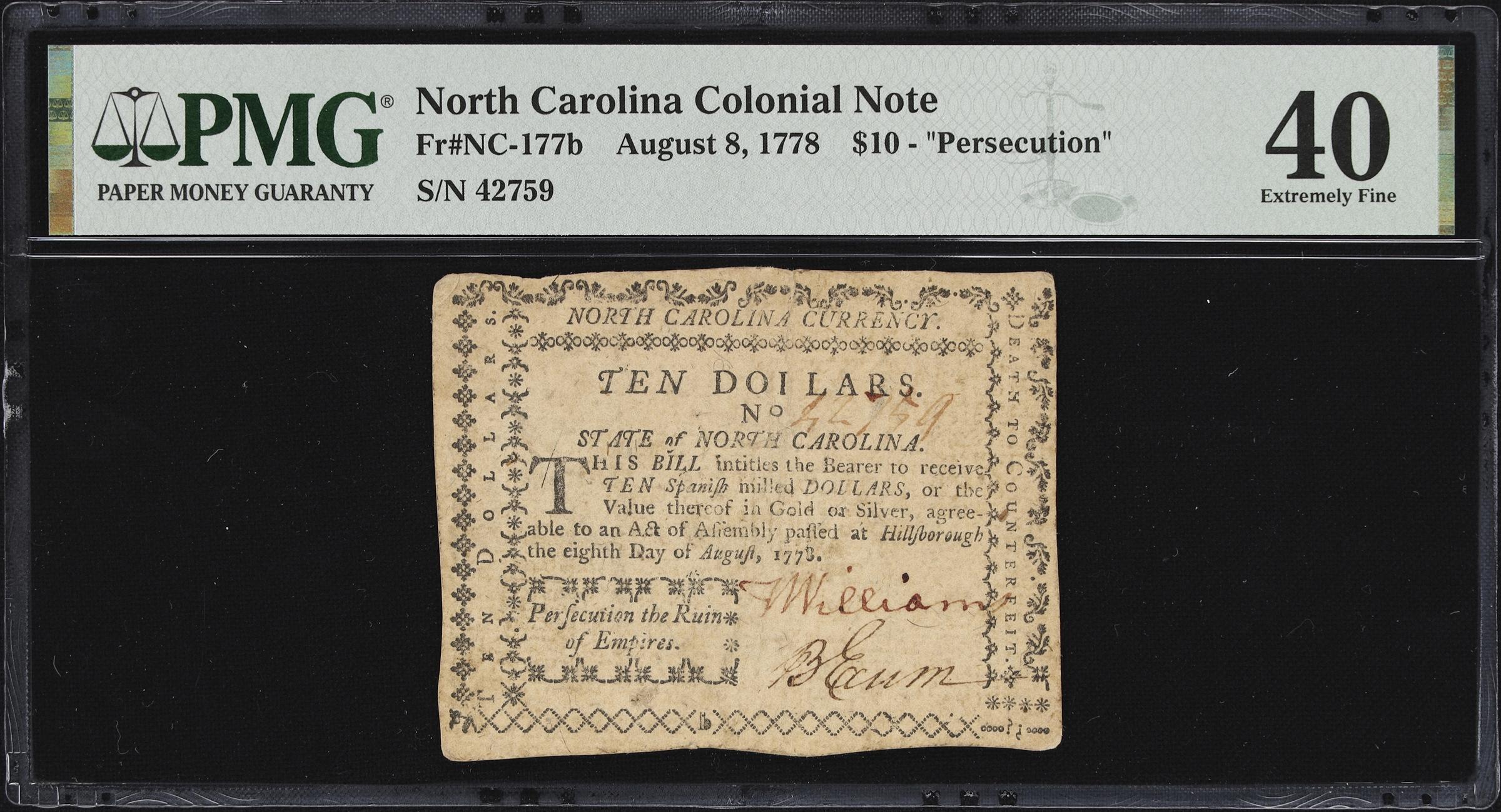 image for: NC-177b. North Carolina. August 8, 1778. $10. PMG Extremely Fine 40.