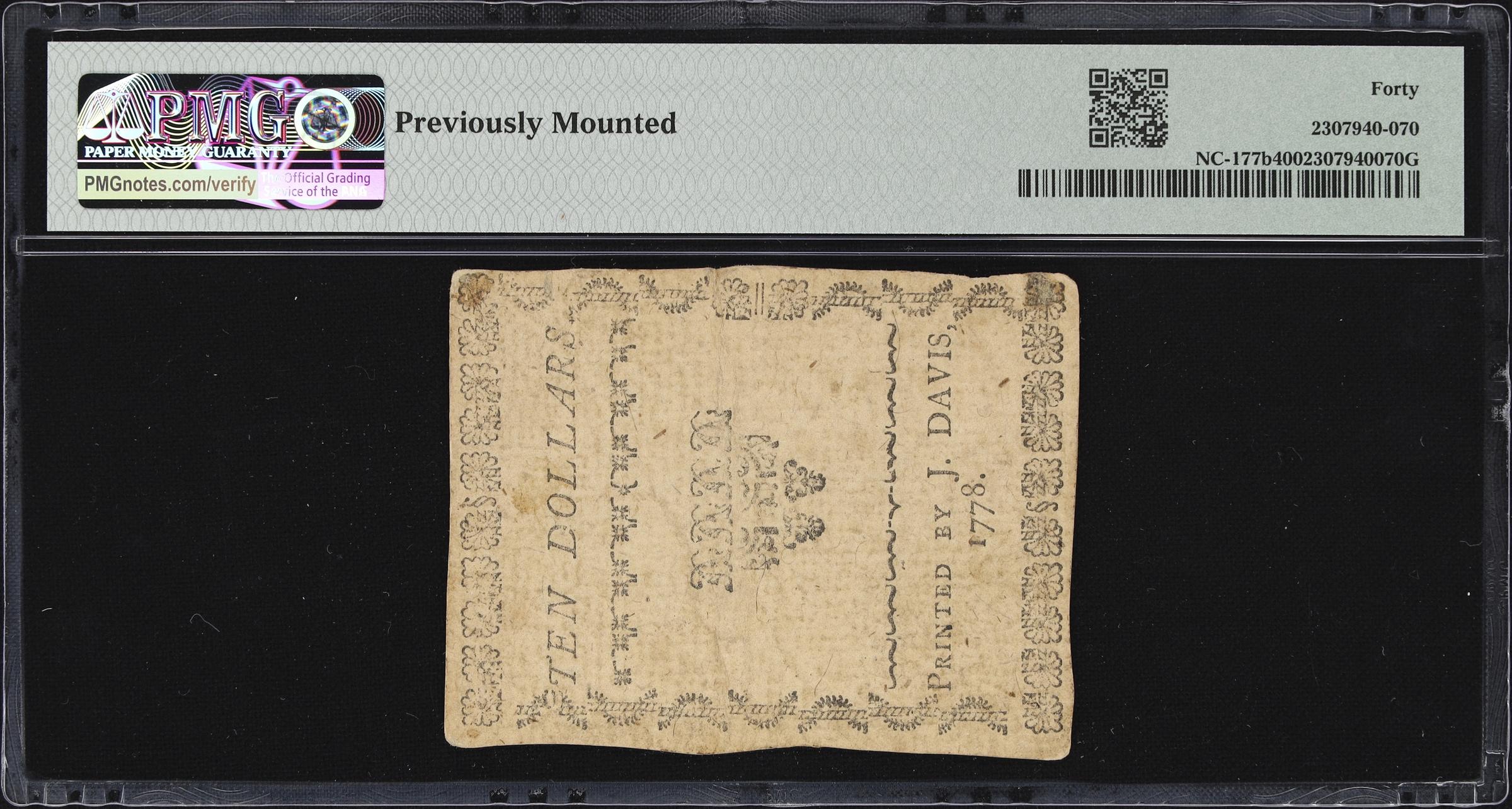 image for: NC-177b. North Carolina. August 8, 1778. $10. PMG Extremely Fine 40.