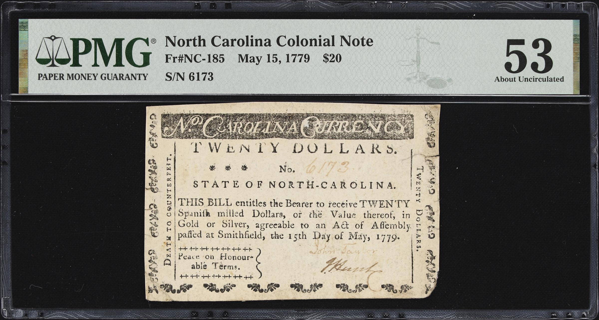 image for: NC-185. North Carolina. May 15, 1779. $20. PMG About Uncirculated 53.