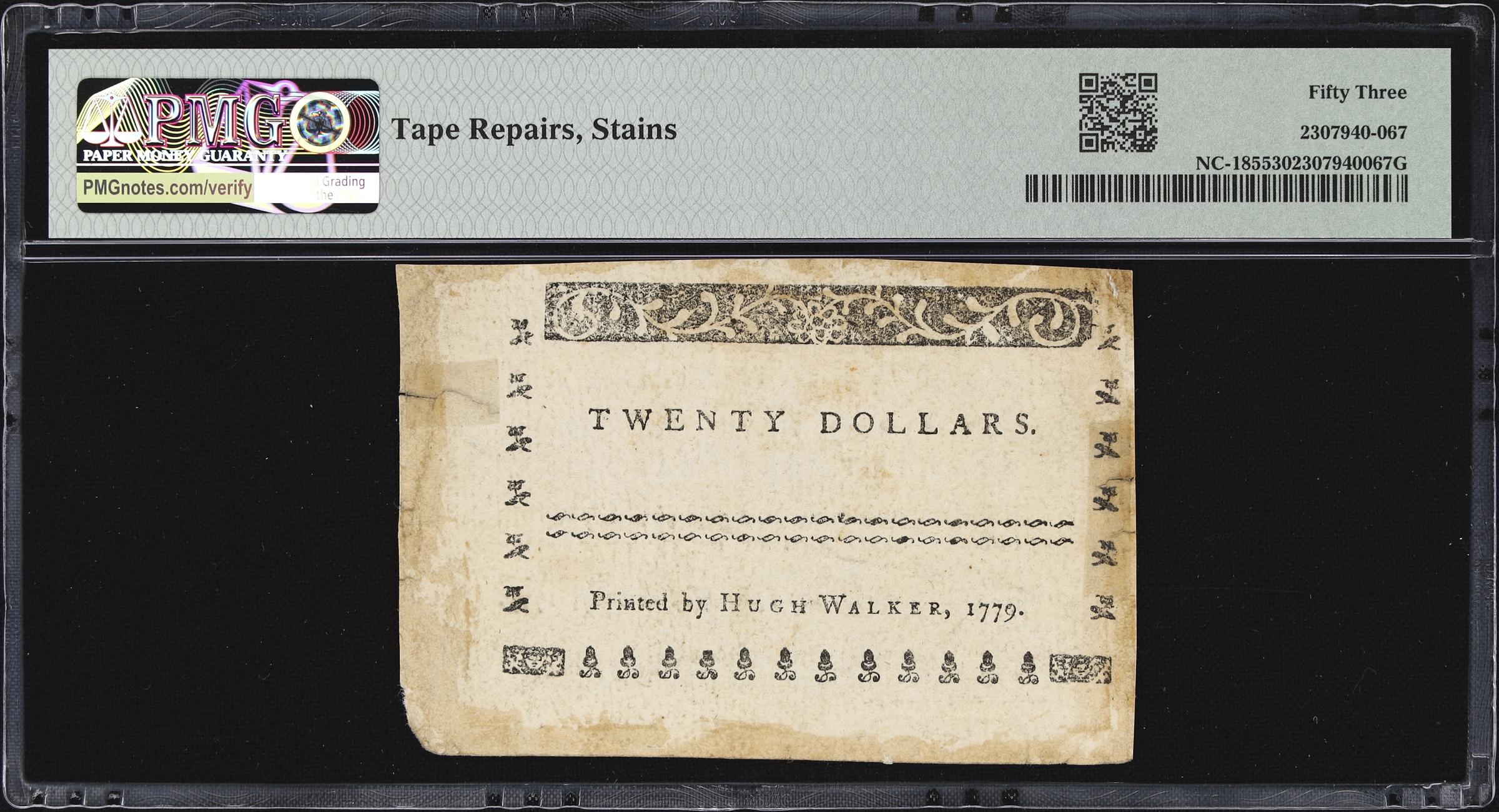 image for: NC-185. North Carolina. May 15, 1779. $20. PMG About Uncirculated 53.