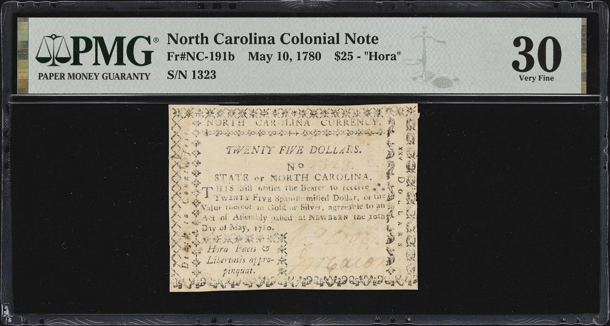 image for: NC-191b. North Carolina. May 10, 1780. $25. PMG Very Fine 30.