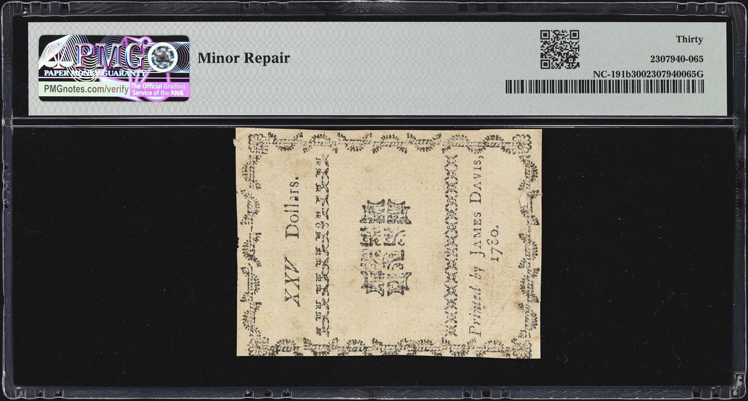 image for: NC-191b. North Carolina. May 10, 1780. $25. PMG Very Fine 30.