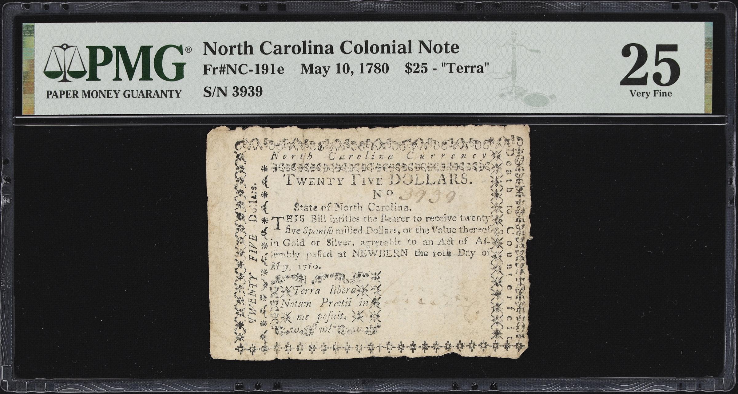 image for: NC-191e. North Carolina. May 10, 1780. $25. PMG Very Fine 25.