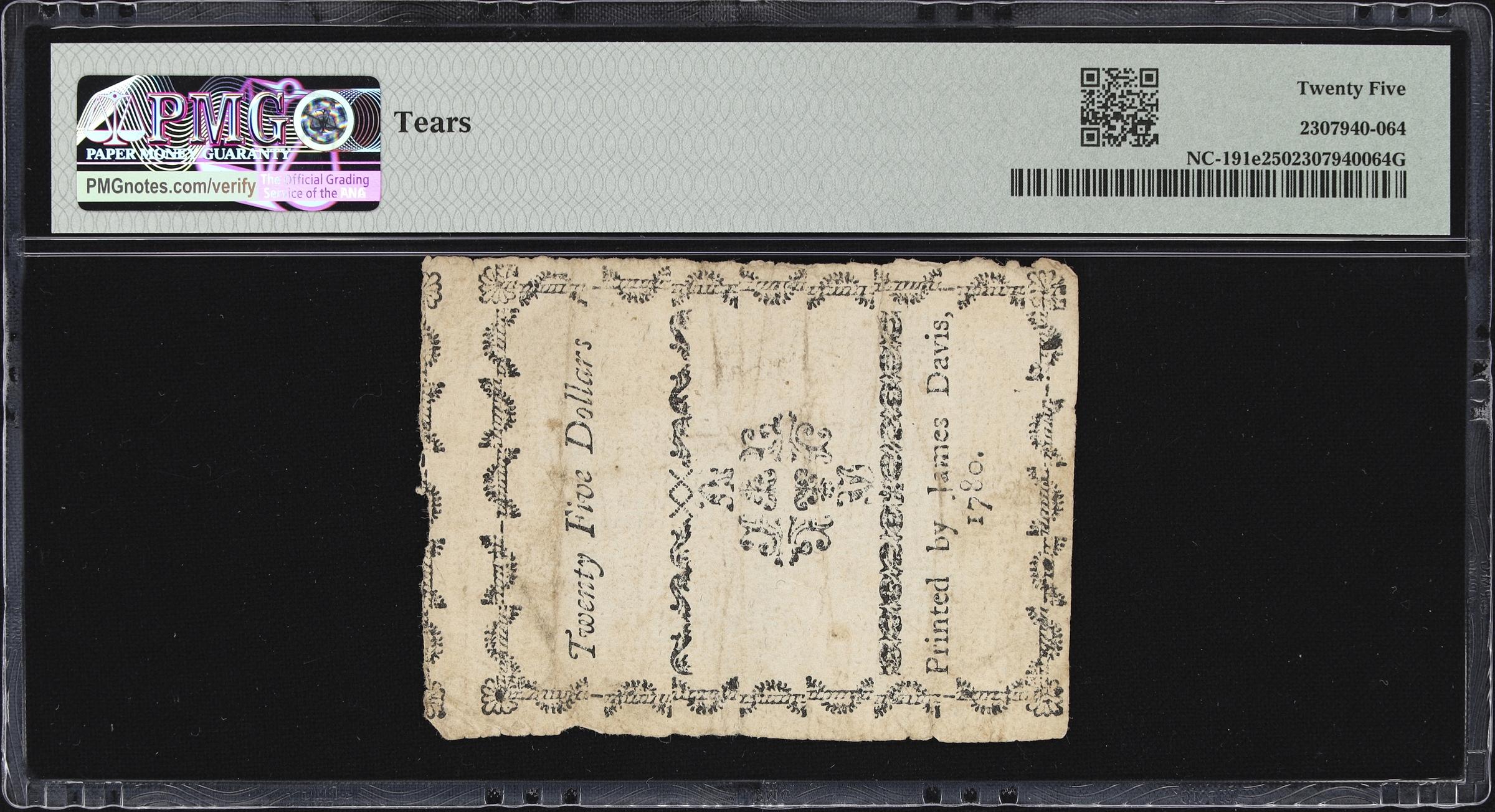 image for: NC-191e. North Carolina. May 10, 1780. $25. PMG Very Fine 25.