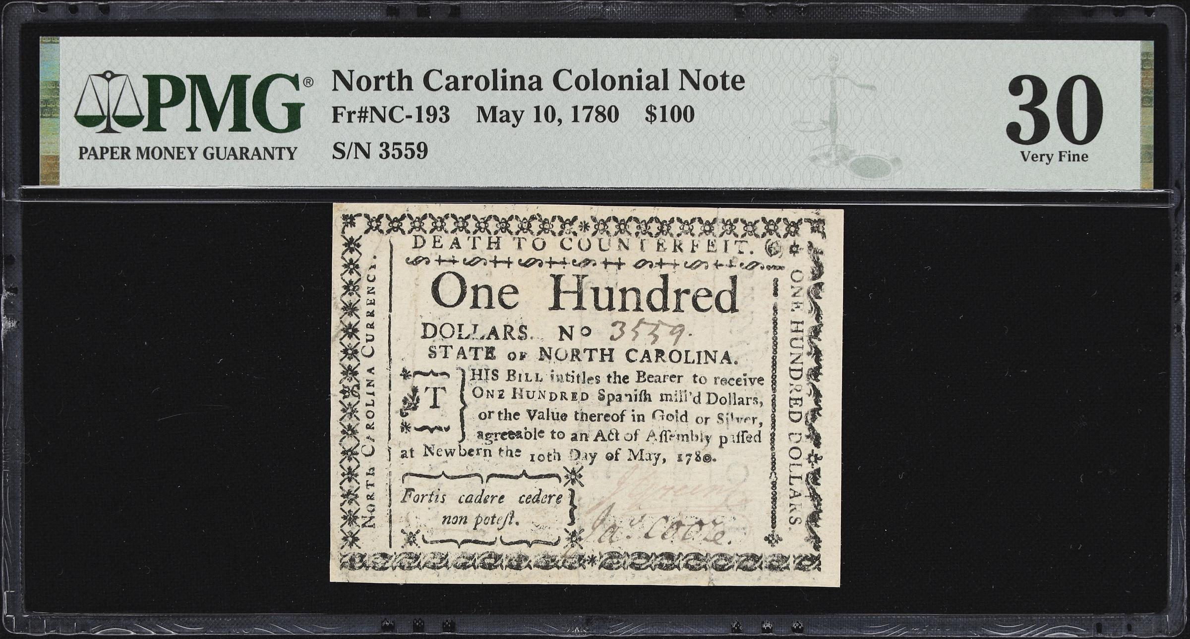 image for: NC-193. North Carolina. May 10, 1780. $100. PMG Very Fine 30.