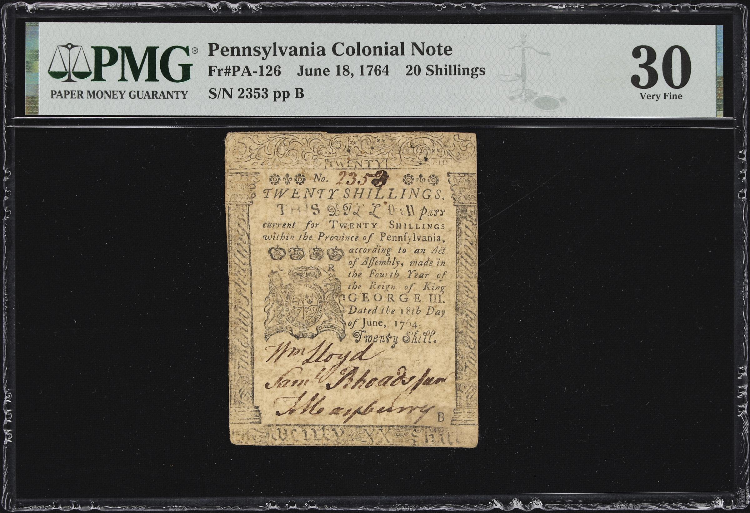 image for: PA-126. Pennsylvania. June 18, 1764. 20 Shillings. PMG Very Fine 30.