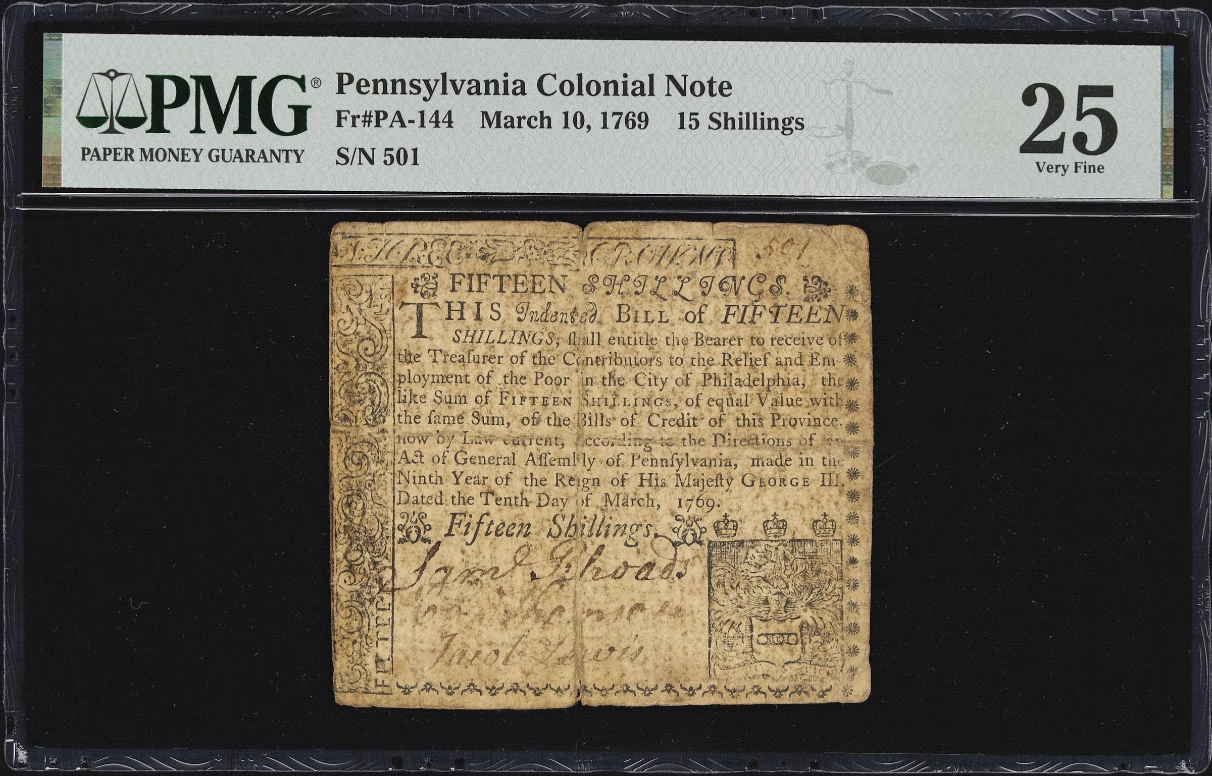 image for: PA-144. Pennsylvania. March 10, 1769. 15 Shillings. PMG Very Fine 25.