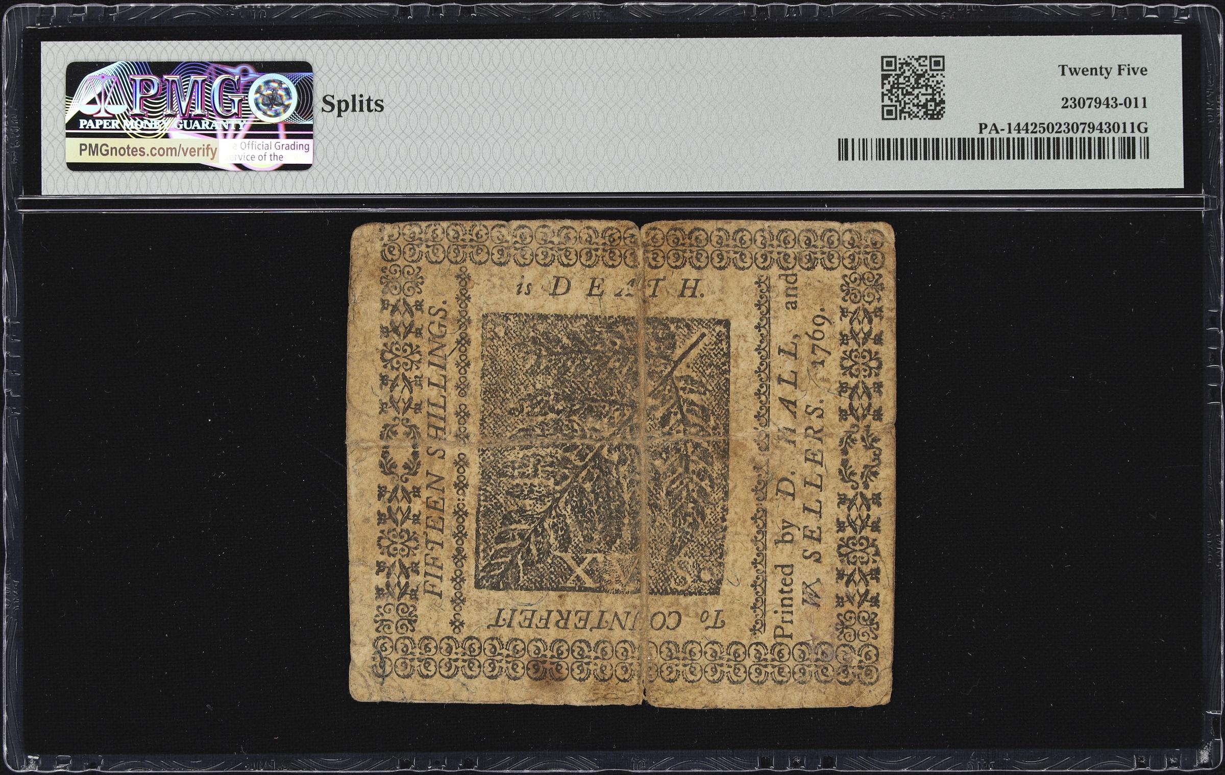 image for: PA-144. Pennsylvania. March 10, 1769. 15 Shillings. PMG Very Fine 25.