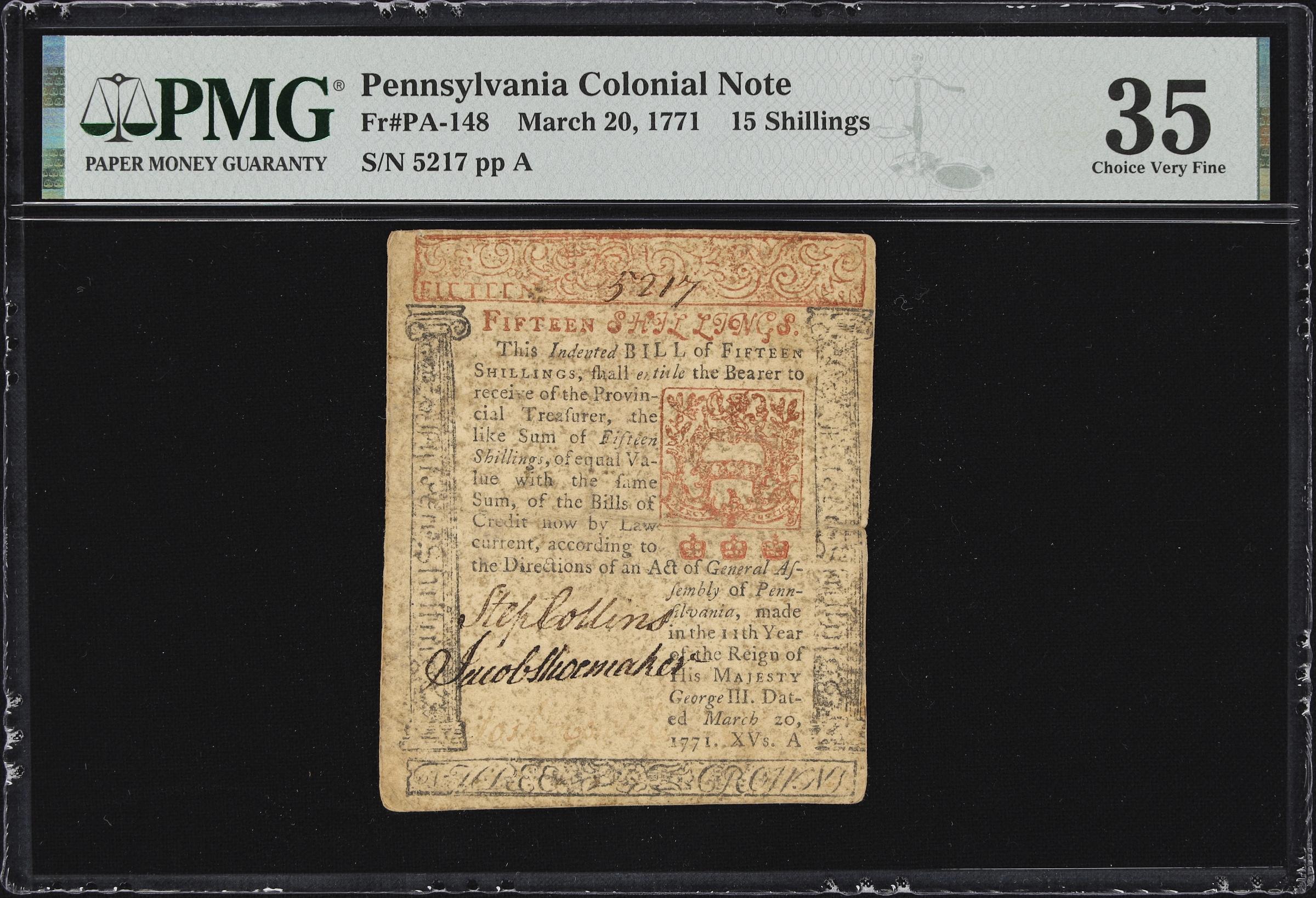 image for: PA-148. Pennsylvania. March 20, 1771. 15 Shillings. PMG Choice Very Fine 35.