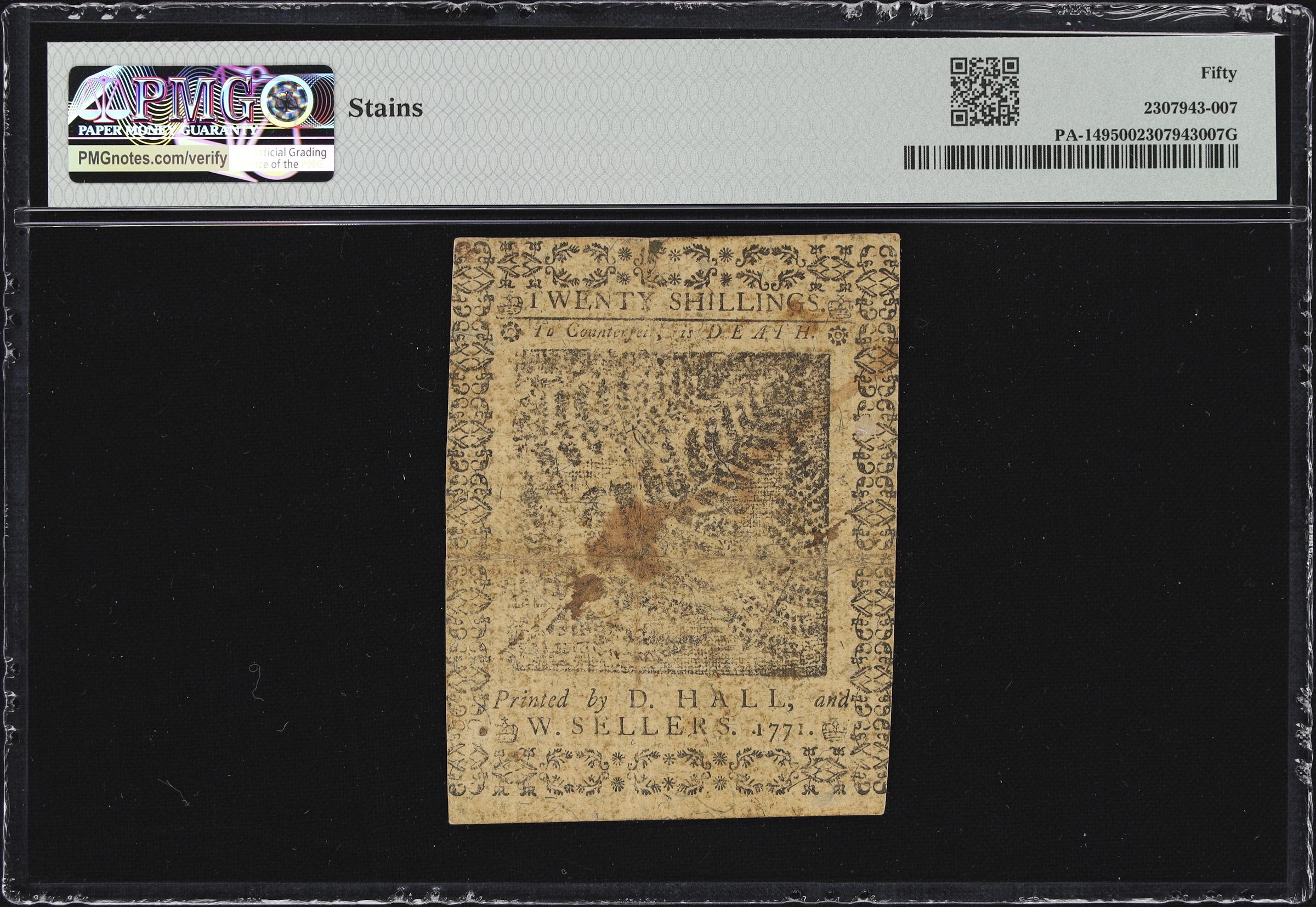 image for: PA-149. Pennsylvania. March 20, 1771. 20 Shillings. PMG About Uncirculated 50.