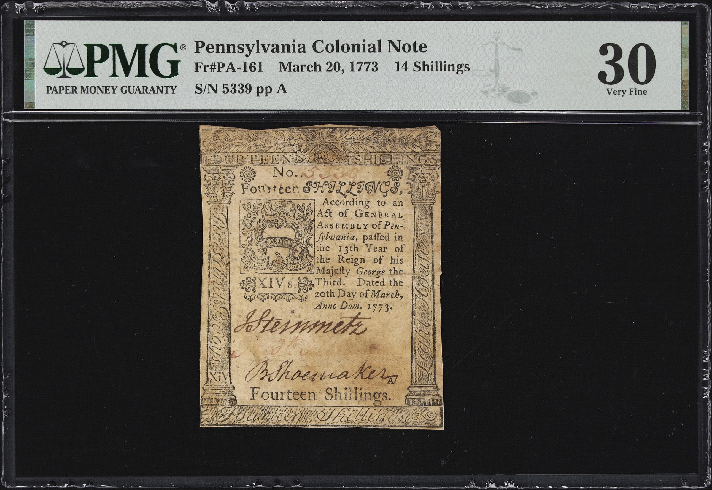 image for: PA-161. Pennsylvania. March 20, 1773. 14 Shillings. PMG Very Fine 30.