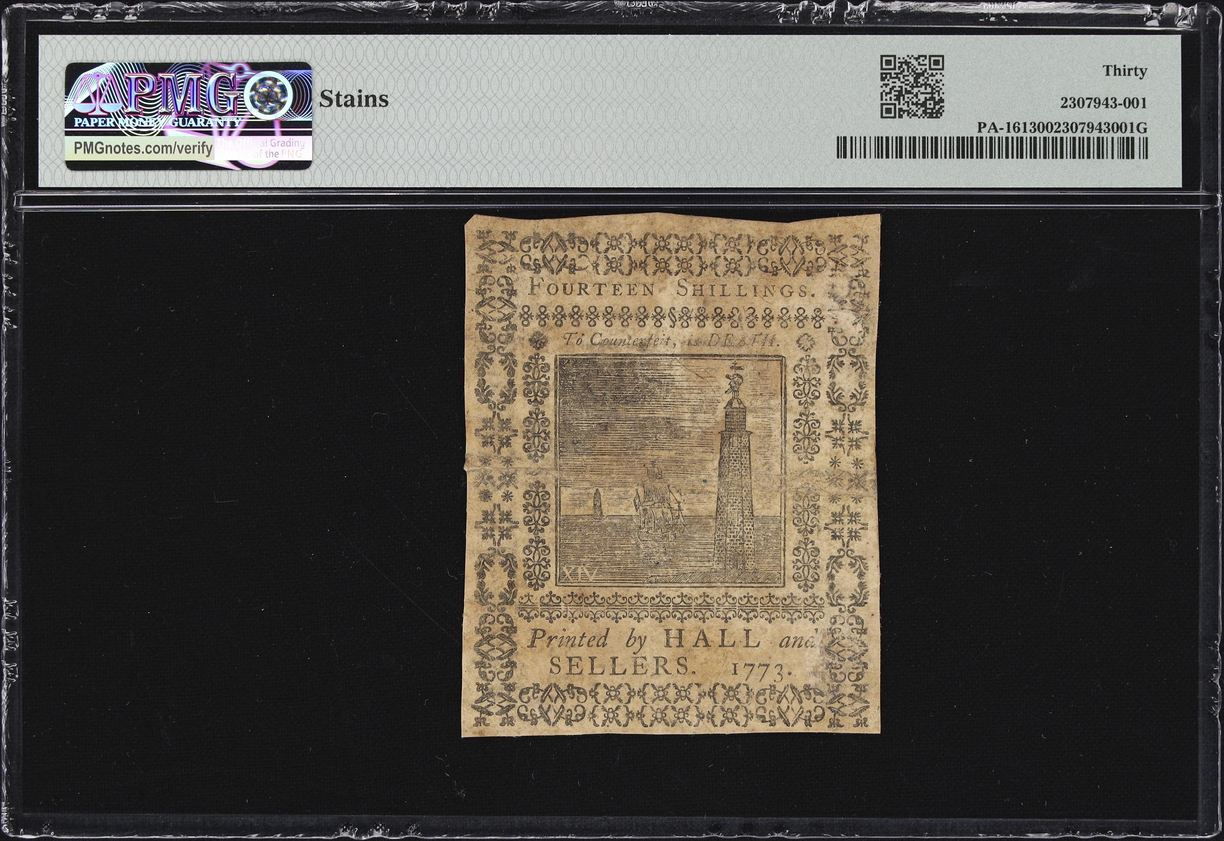 image for: PA-161. Pennsylvania. March 20, 1773. 14 Shillings. PMG Very Fine 30.