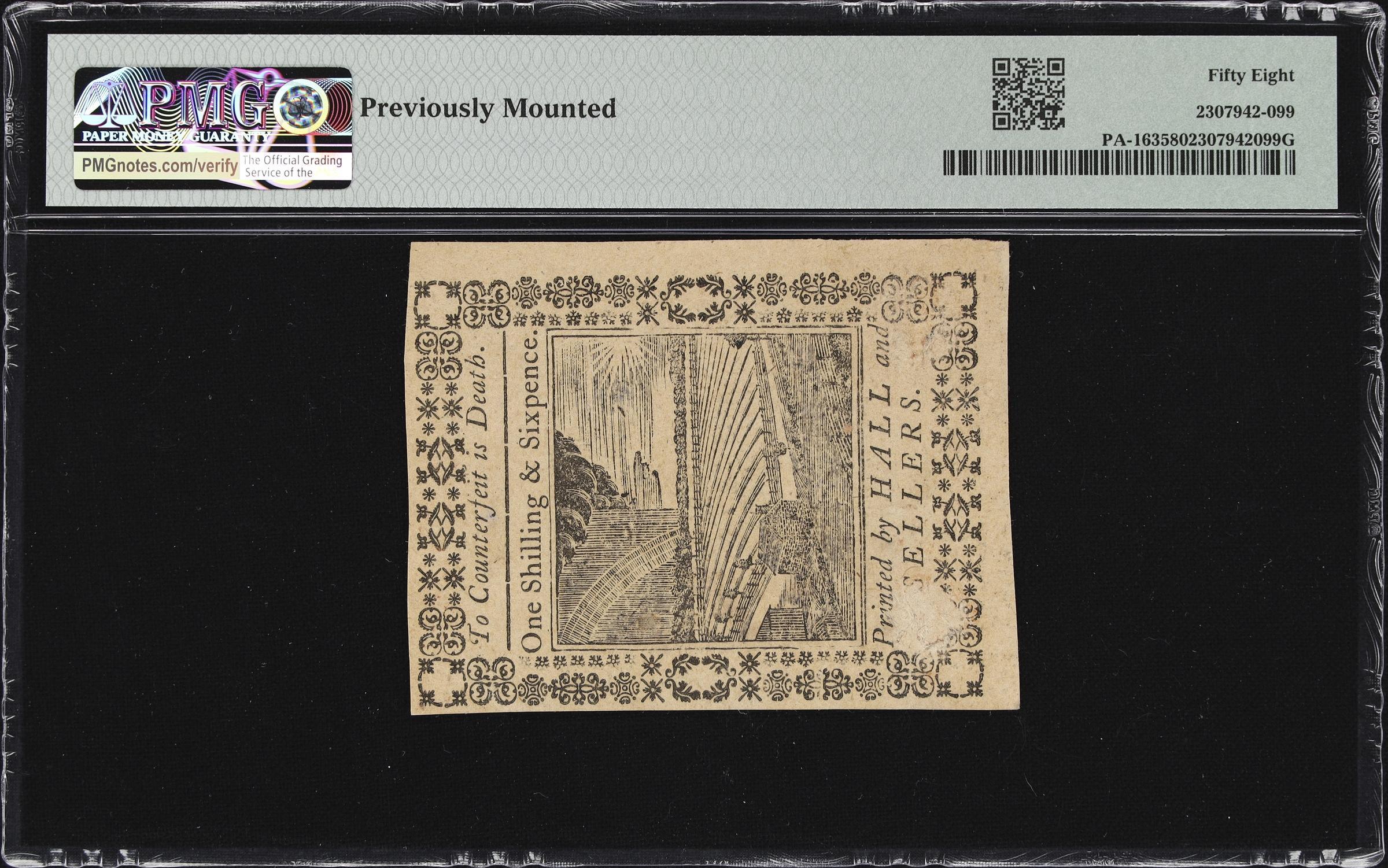 image for: PA-163. Pennsylvania. October 1, 1773. 18 Pence. PMG Choice About Uncirculated 58.