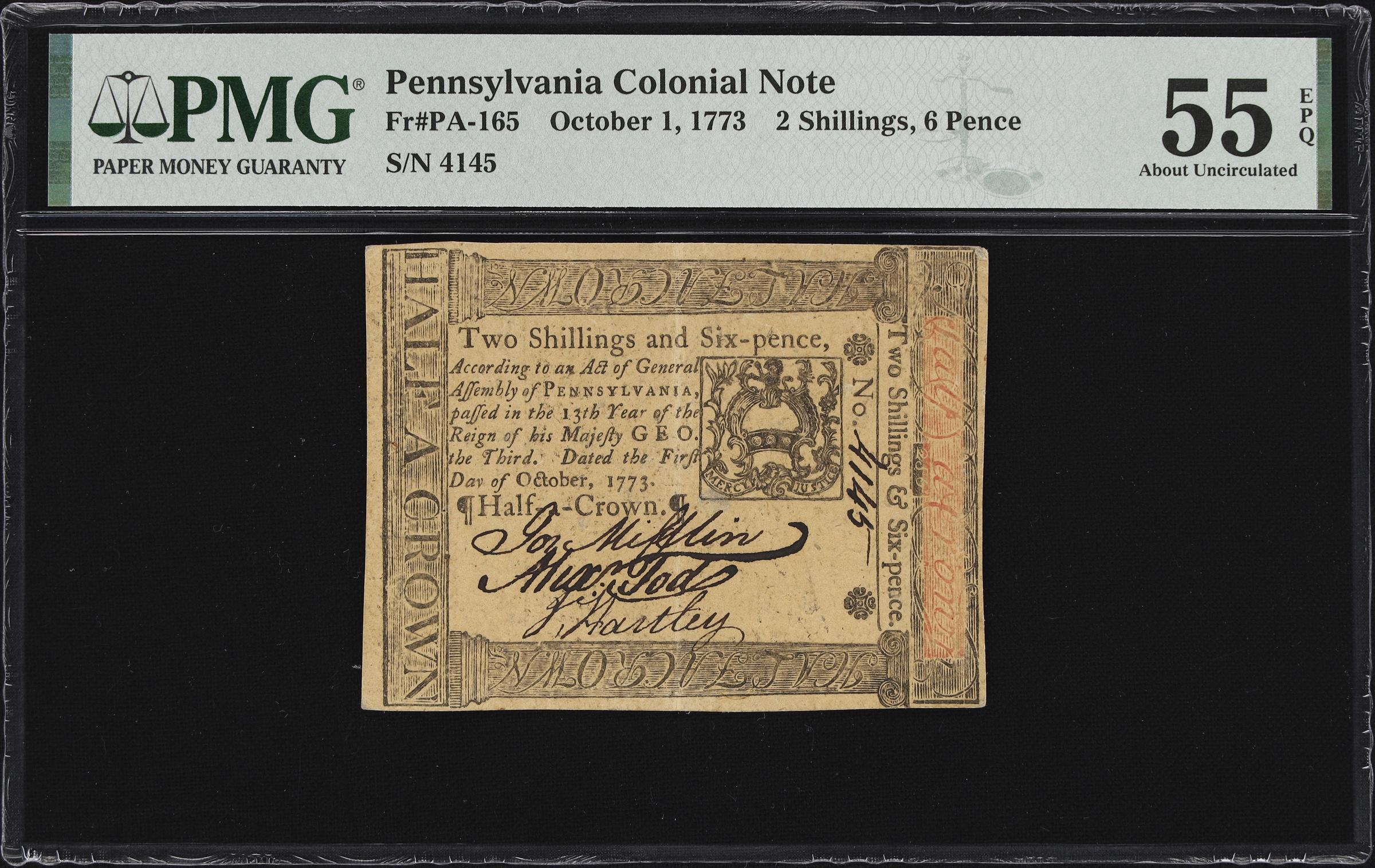 image for: PA-165. Pennsylvania. October 1, 1773. 2 Shillings, 6 Pence. PMG About Uncirculated 55 EPQ.