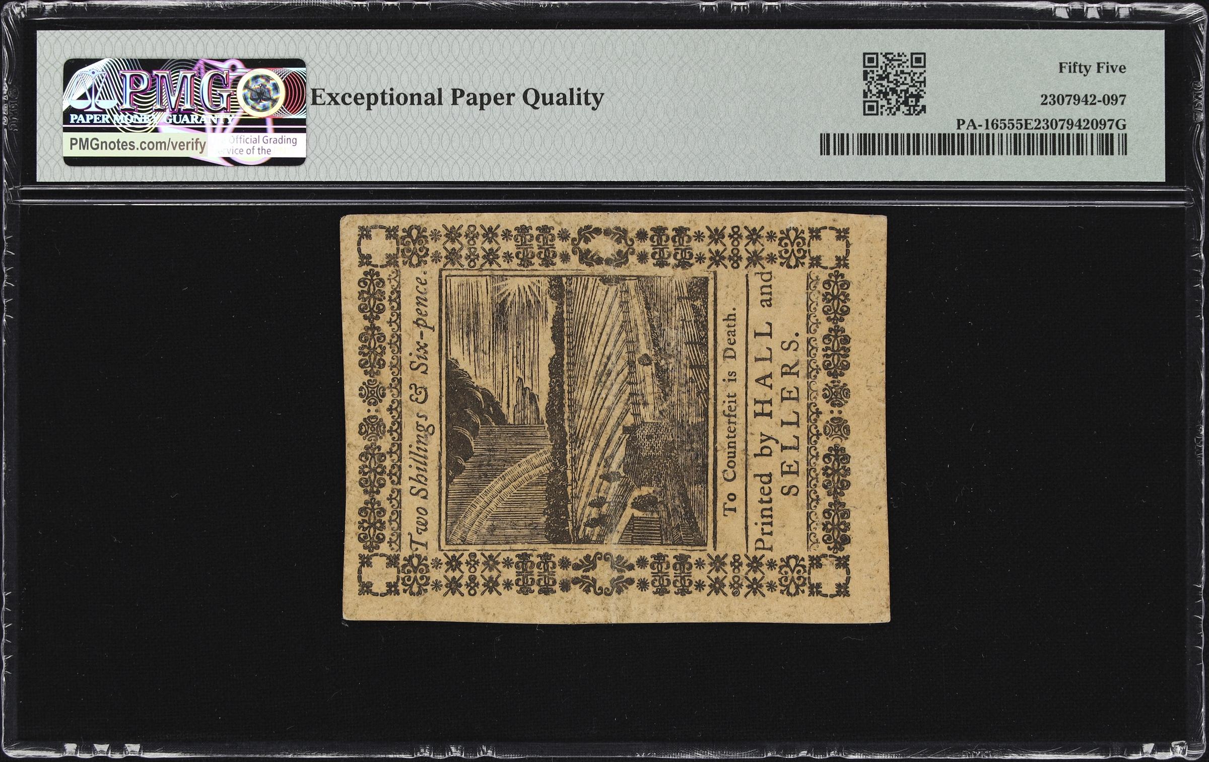 image for: PA-165. Pennsylvania. October 1, 1773. 2 Shillings, 6 Pence. PMG About Uncirculated 55 EPQ.