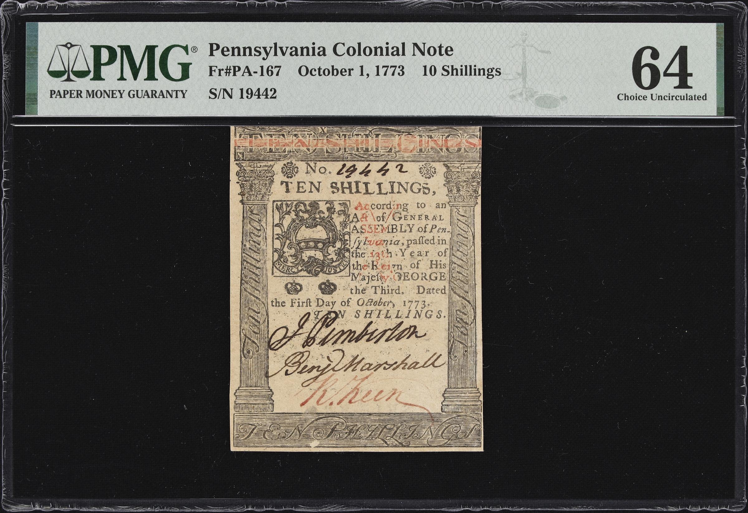 image for: PA-167. Pennsylvania. October 1, 1773. 10 Shillings. PMG Choice Uncirculated 64.