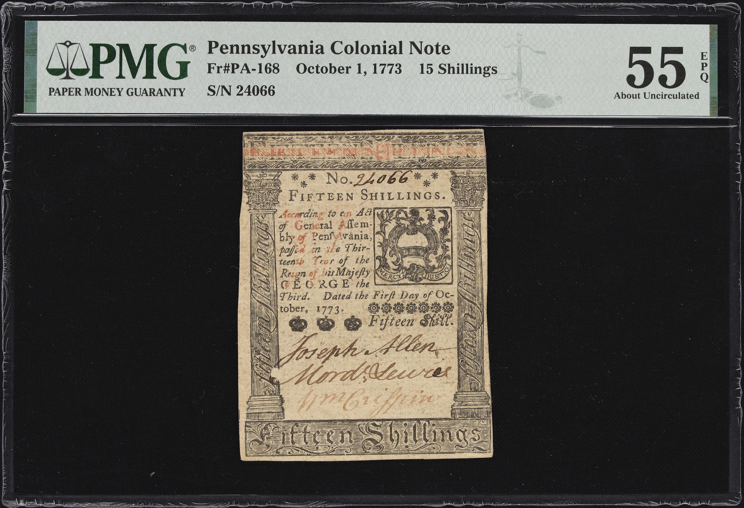 image for: PA-168. Pennsylvania. October 1, 1773. 15 Shillings. PMG About Uncirculated 55 EPQ.