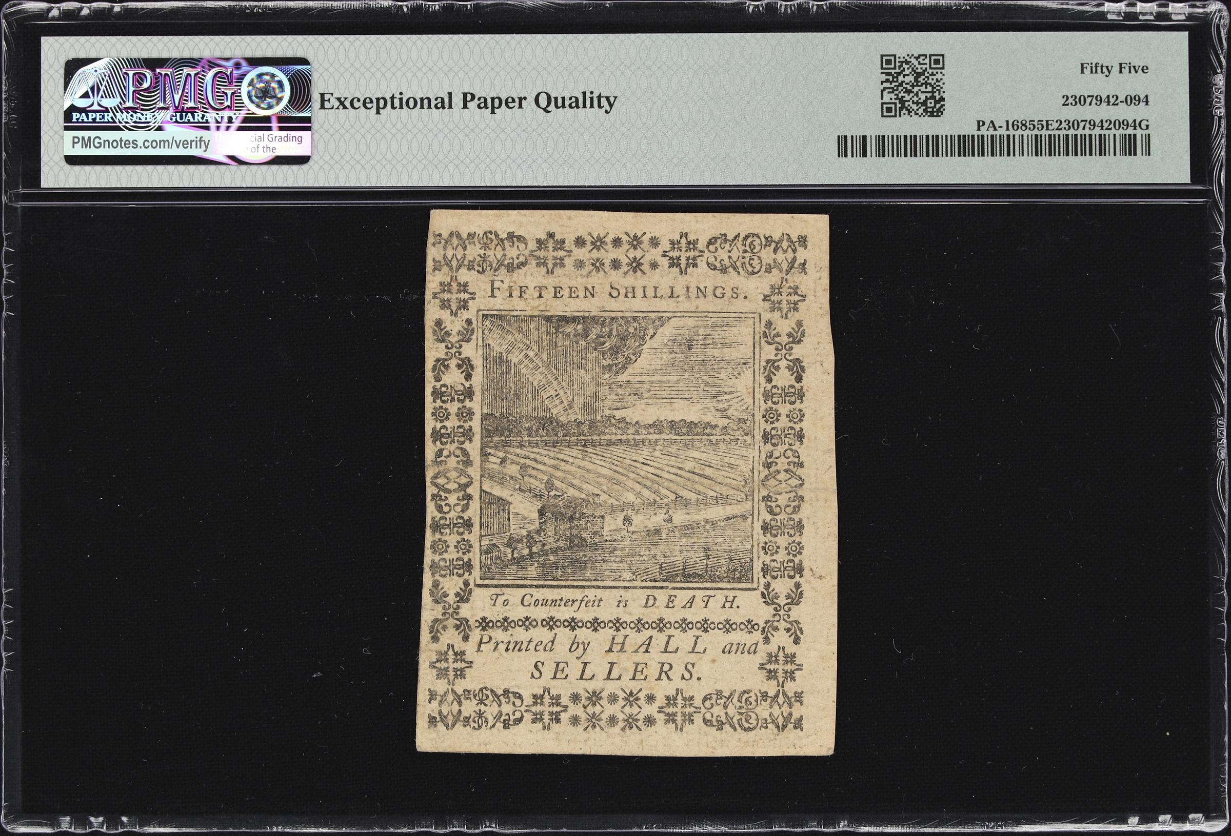 image for: PA-168. Pennsylvania. October 1, 1773. 15 Shillings. PMG About Uncirculated 55 EPQ.