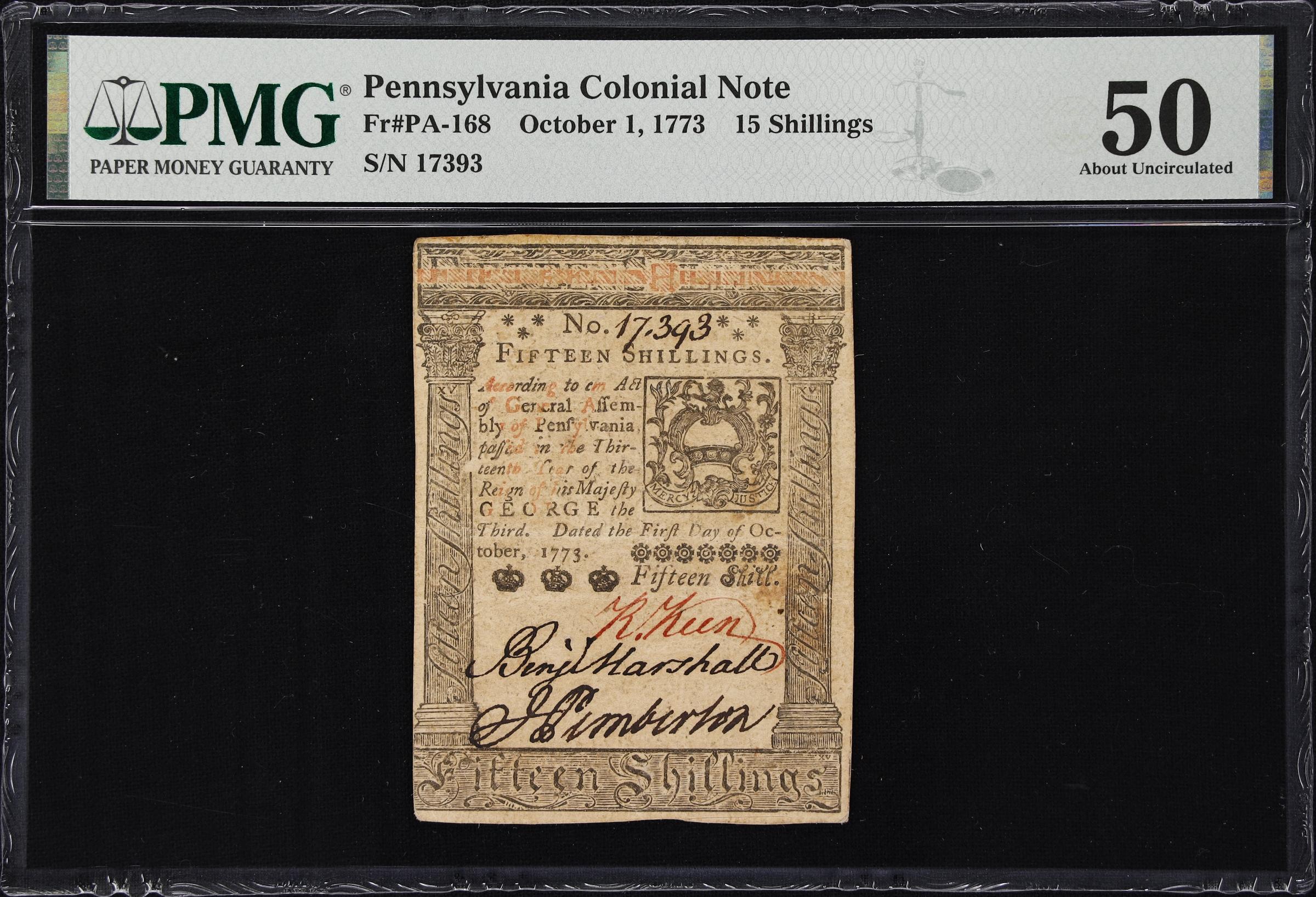 image for: PA-168. Pennsylvania. October 1, 1773. 15 Shillings. PMG About Uncirculated 50.