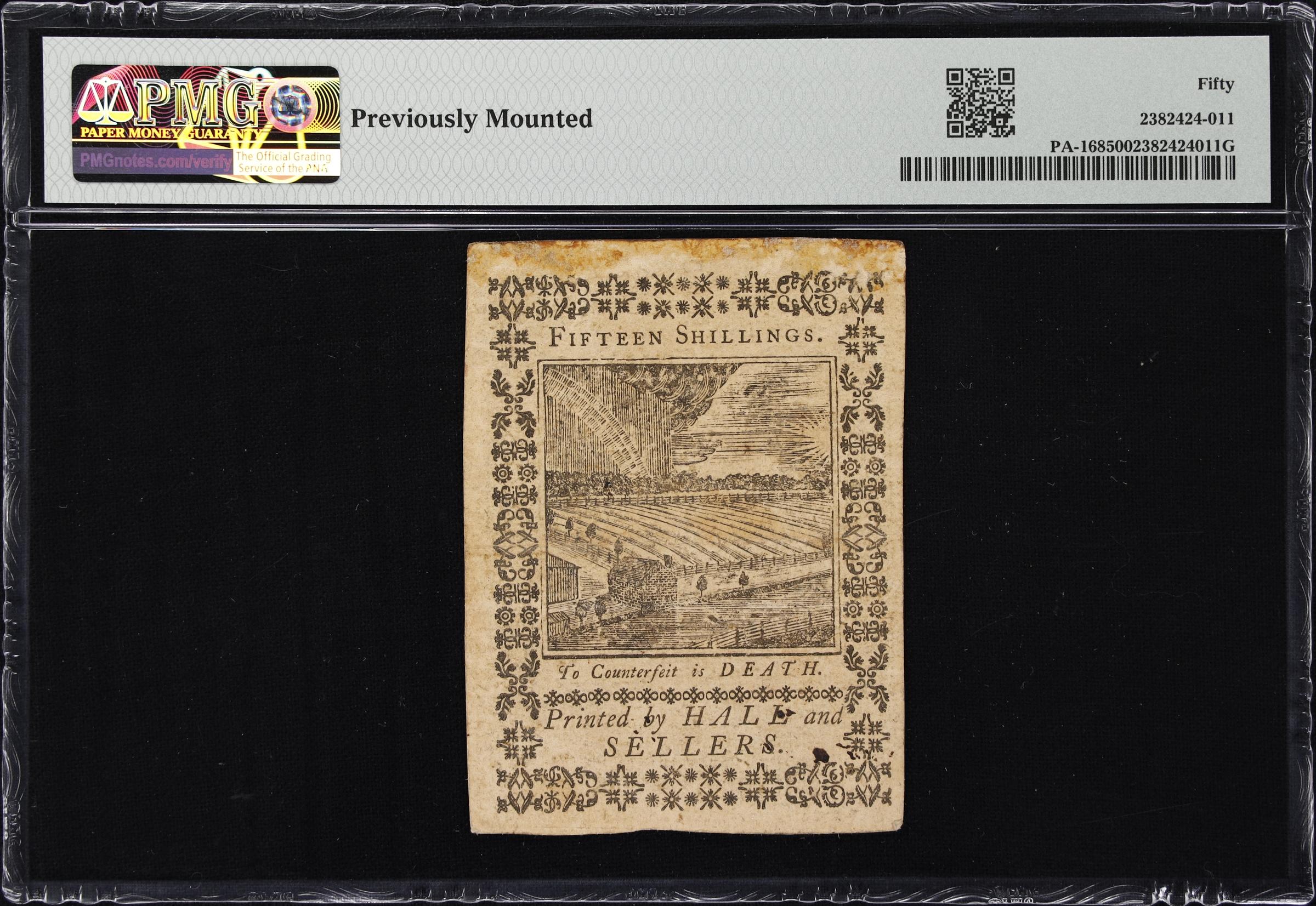 image for: PA-168. Pennsylvania. October 1, 1773. 15 Shillings. PMG About Uncirculated 50.