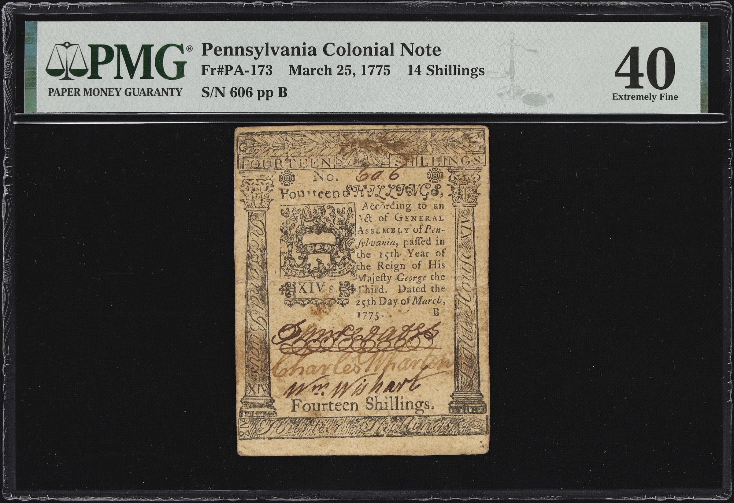 image for: PA-173. Pennsylvania. March 25, 1775. 14 Shillings. PMG Extremely Fine 40.