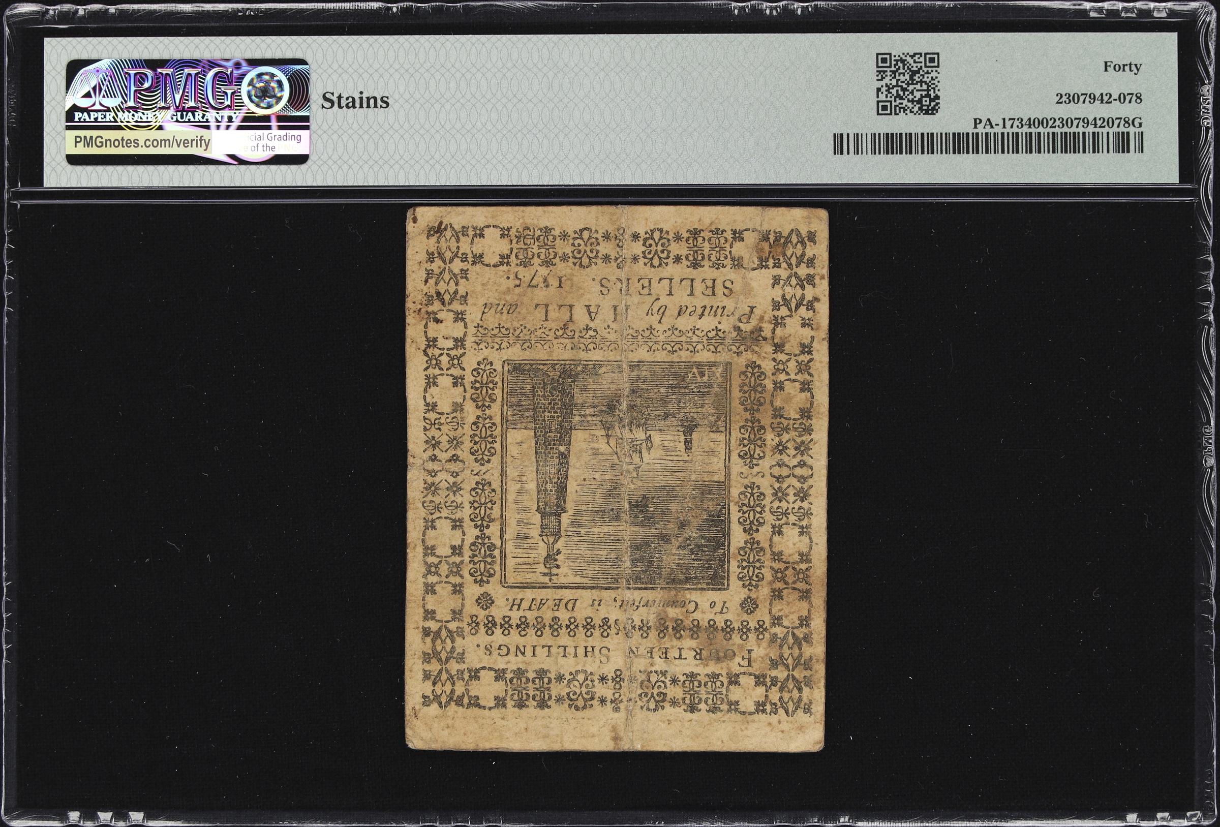image for: PA-173. Pennsylvania. March 25, 1775. 14 Shillings. PMG Extremely Fine 40.