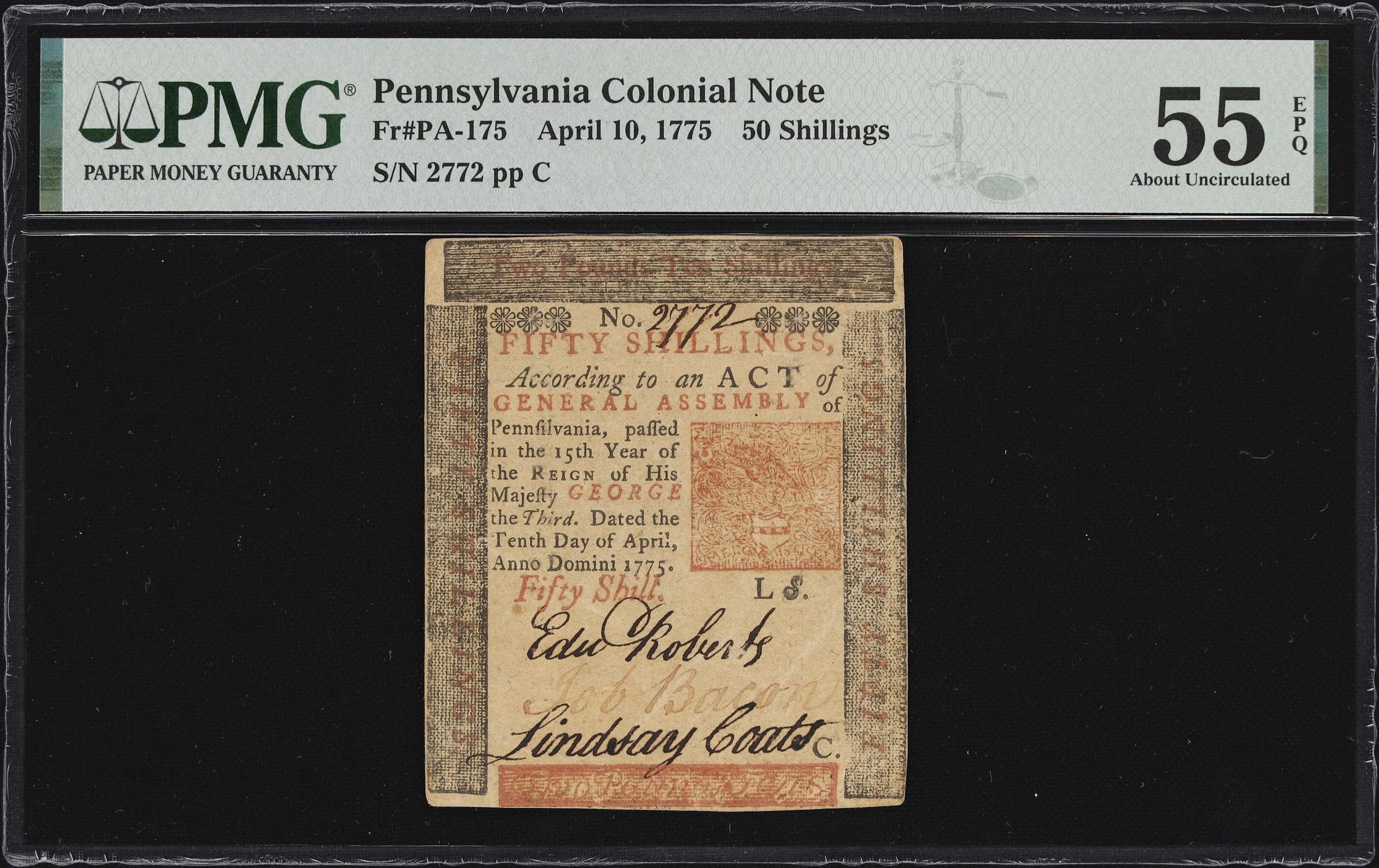image for: PA-175. Pennsylvania. April 10, 1775. 50 Shillings. PMG About Uncirculated 55 EPQ.