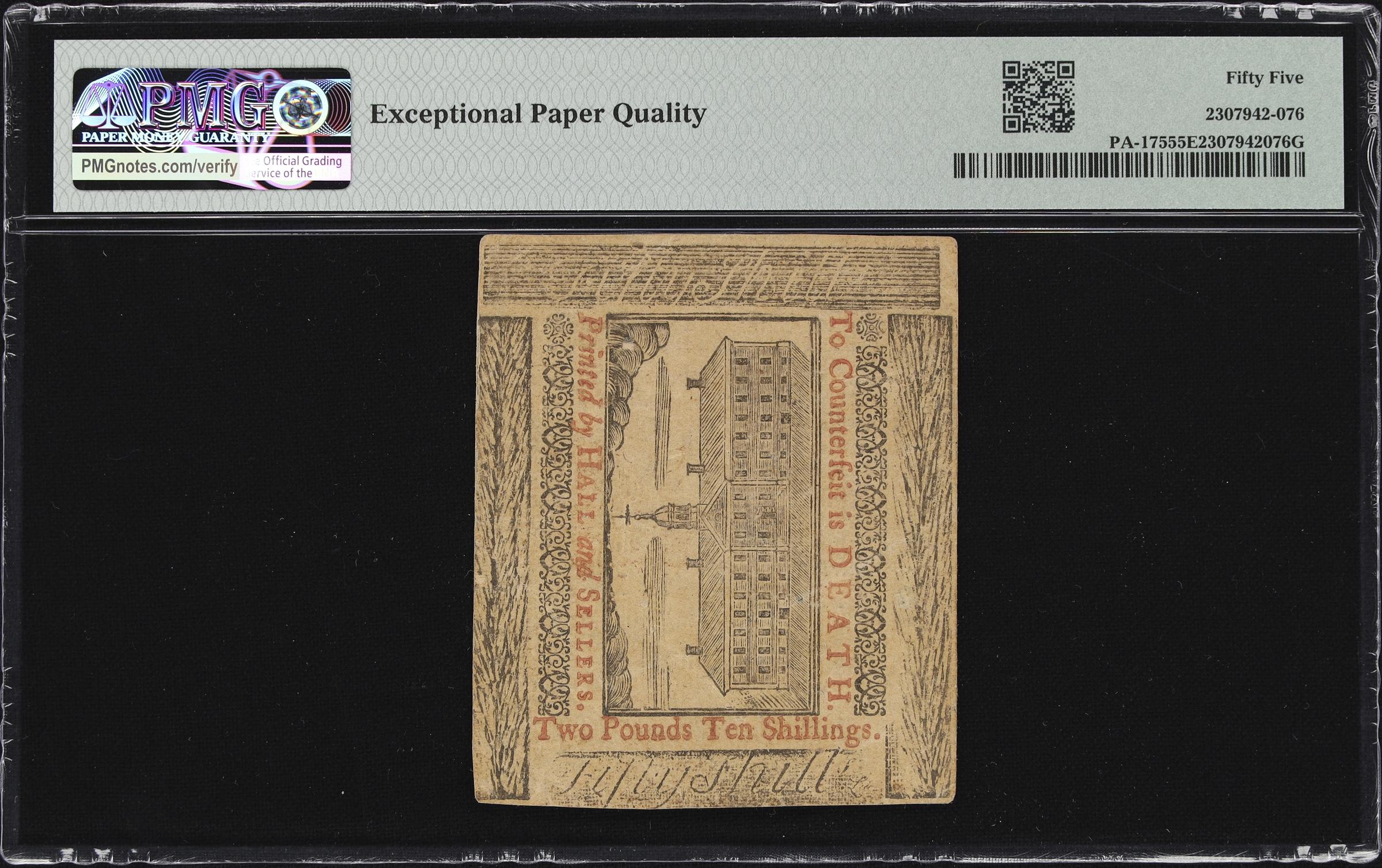 image for: PA-175. Pennsylvania. April 10, 1775. 50 Shillings. PMG About Uncirculated 55 EPQ.