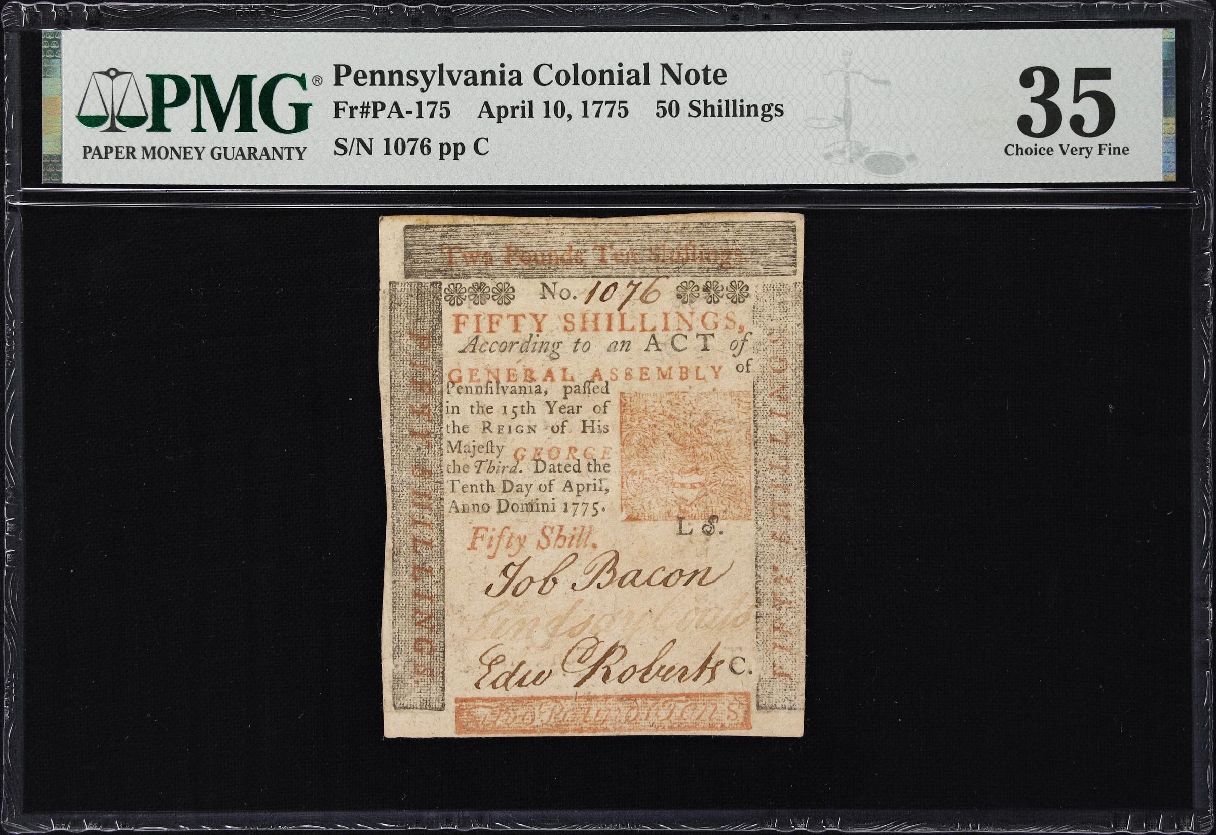image for: PA-175. Pennsylvania. April 10, 1775. 50 Shillings. PMG Choice Very Fine 35.