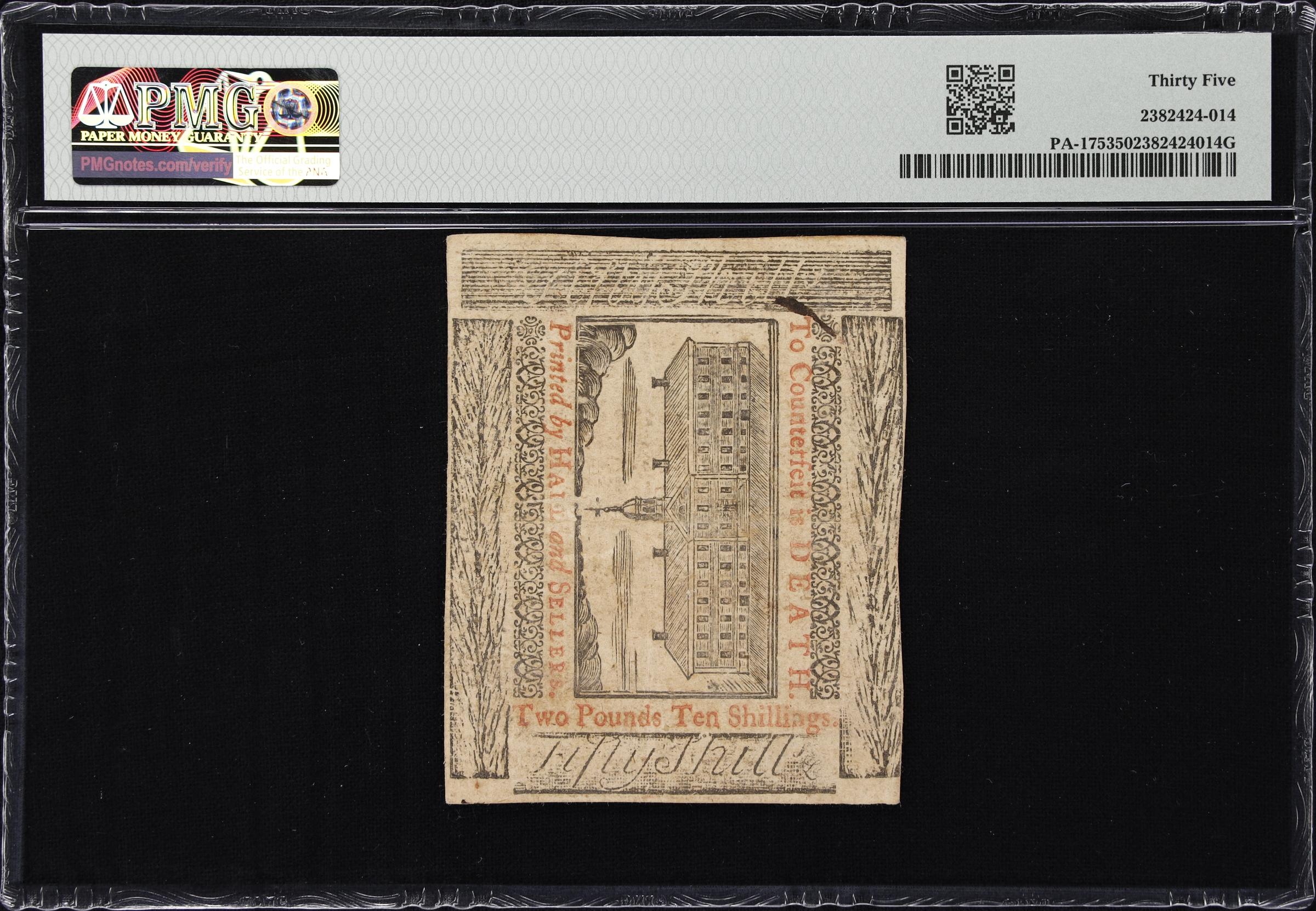 image for: PA-175. Pennsylvania. April 10, 1775. 50 Shillings. PMG Choice Very Fine 35.