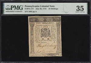 image for: PA-177. Pennsylvania. July 20, 1775. 10 Shillings. PMG Choice Very Fine 35.