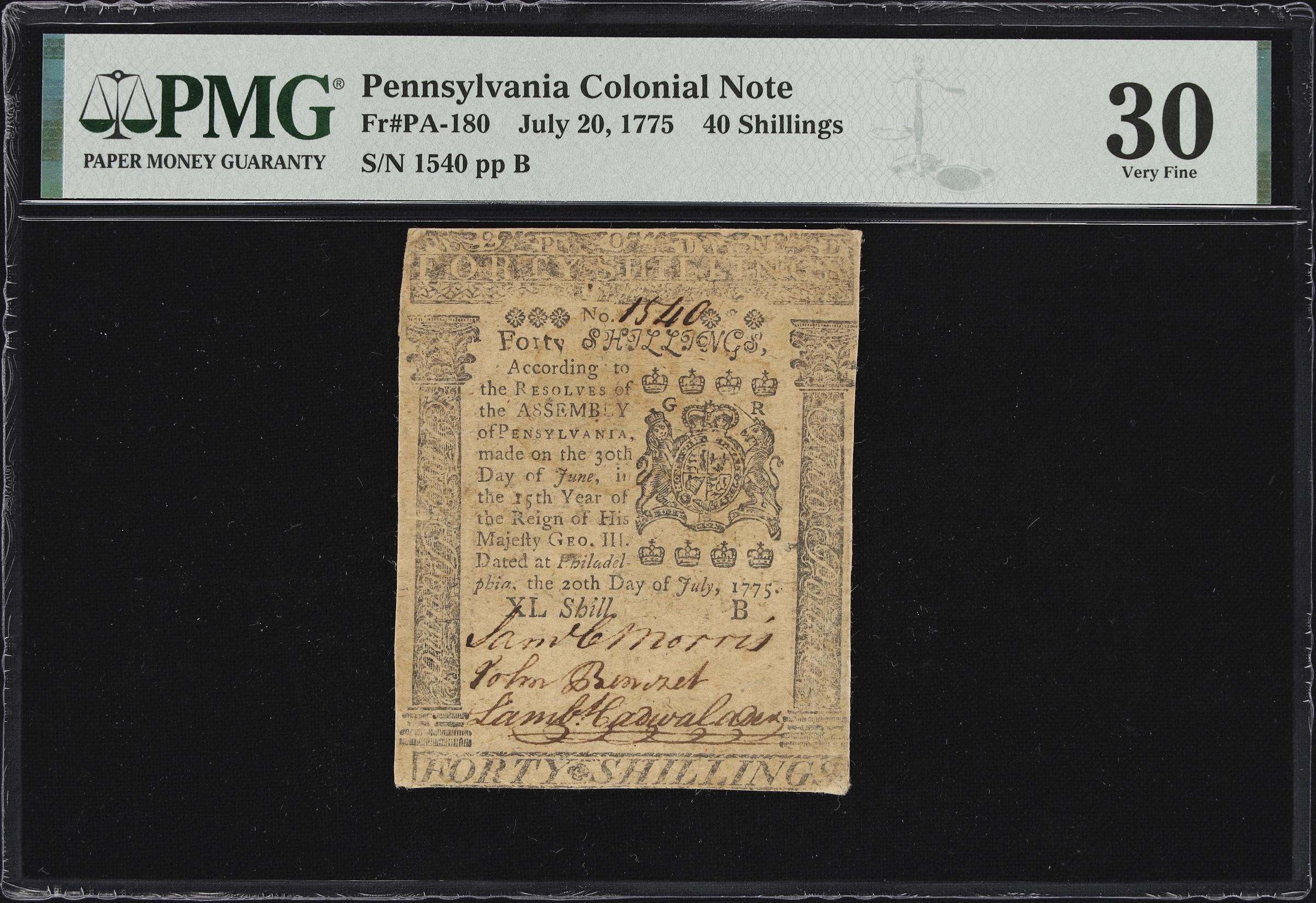 image for: PA-180. Pennsylvania. July 20, 1775. 40 Shillings. PMG Very Fine 30.