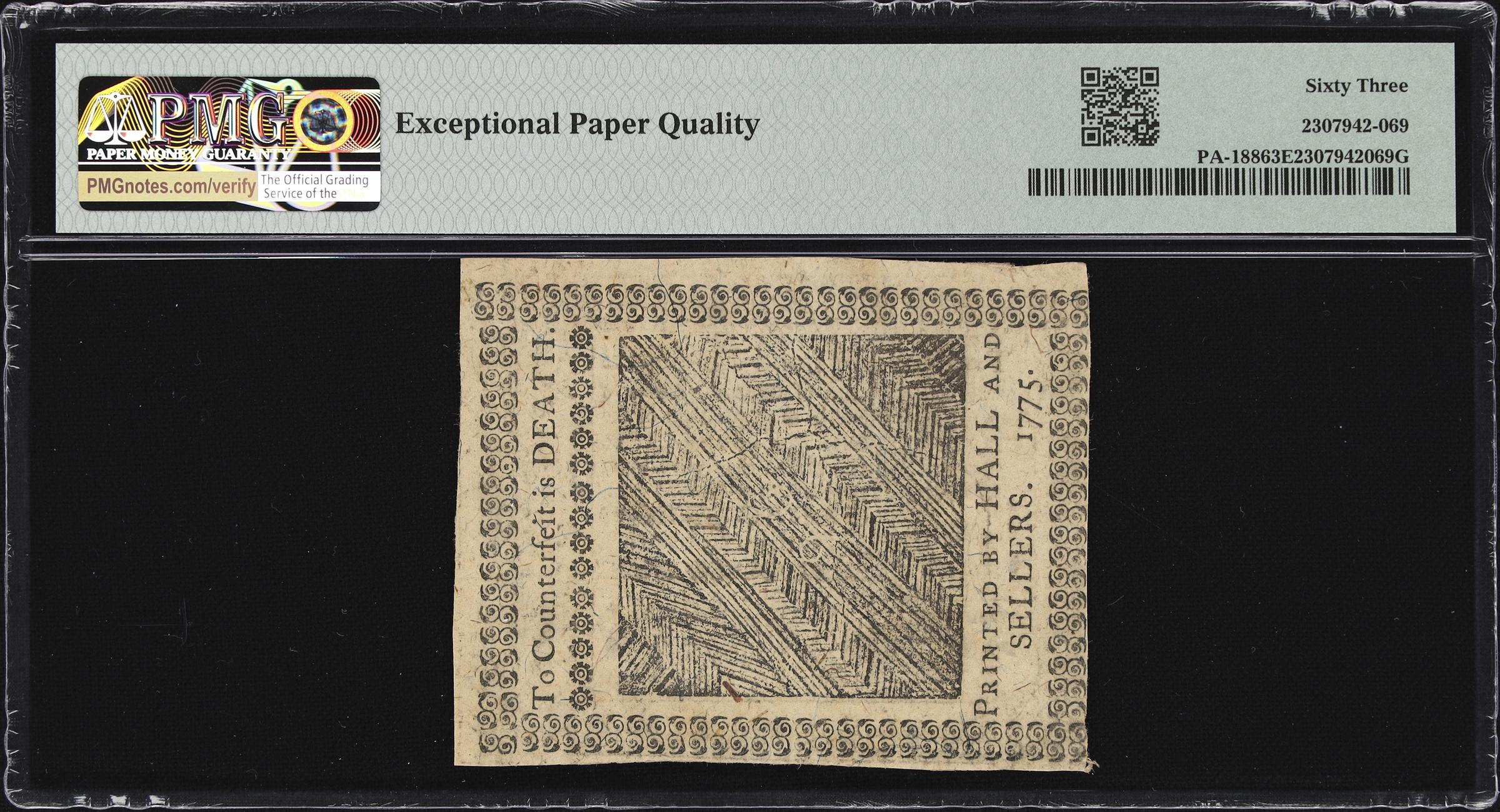 image for: PA-188. Pennsylvania. October 25, 1775. 2 Shillings, 6 Pence. PMG Choice Uncirculated 63 EPQ.