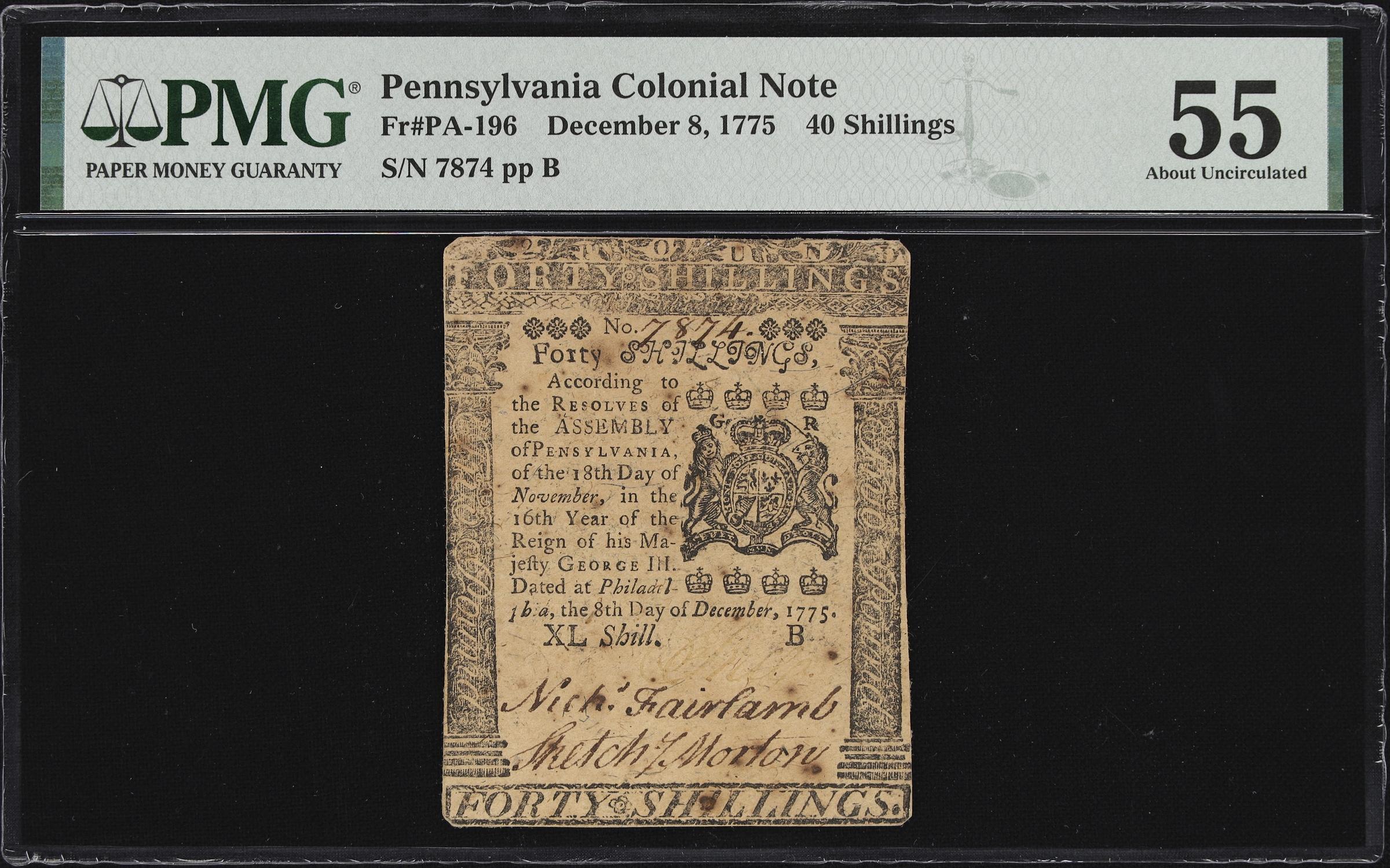 image for: PA-196. Pennsylvania. December 8, 1775. 40 Shillings. PMG About Uncirculated 55.