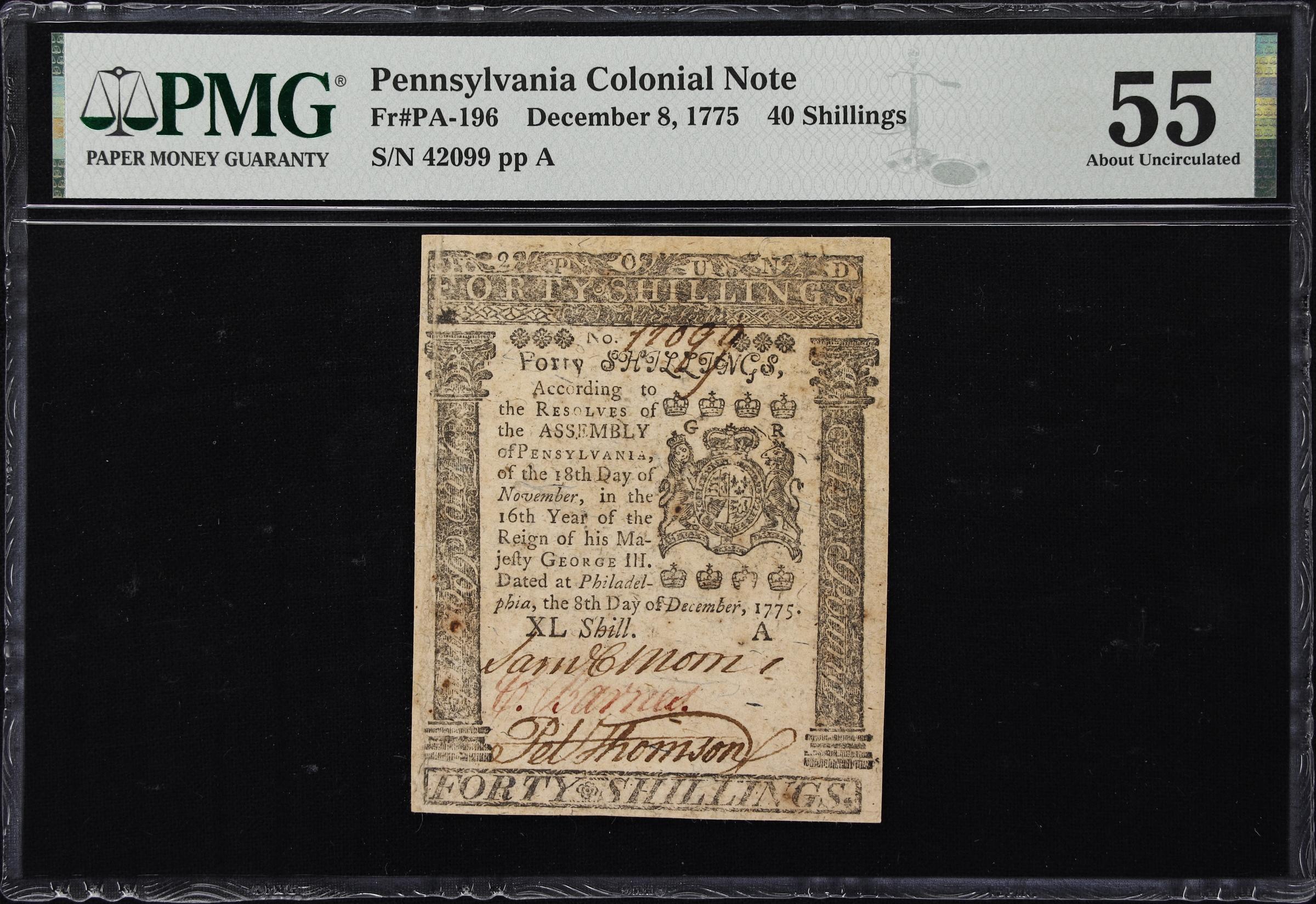 image for: PA-196. Pennsylvania. December 8, 1775. 40 Shillings. PMG About Uncirculated 55.