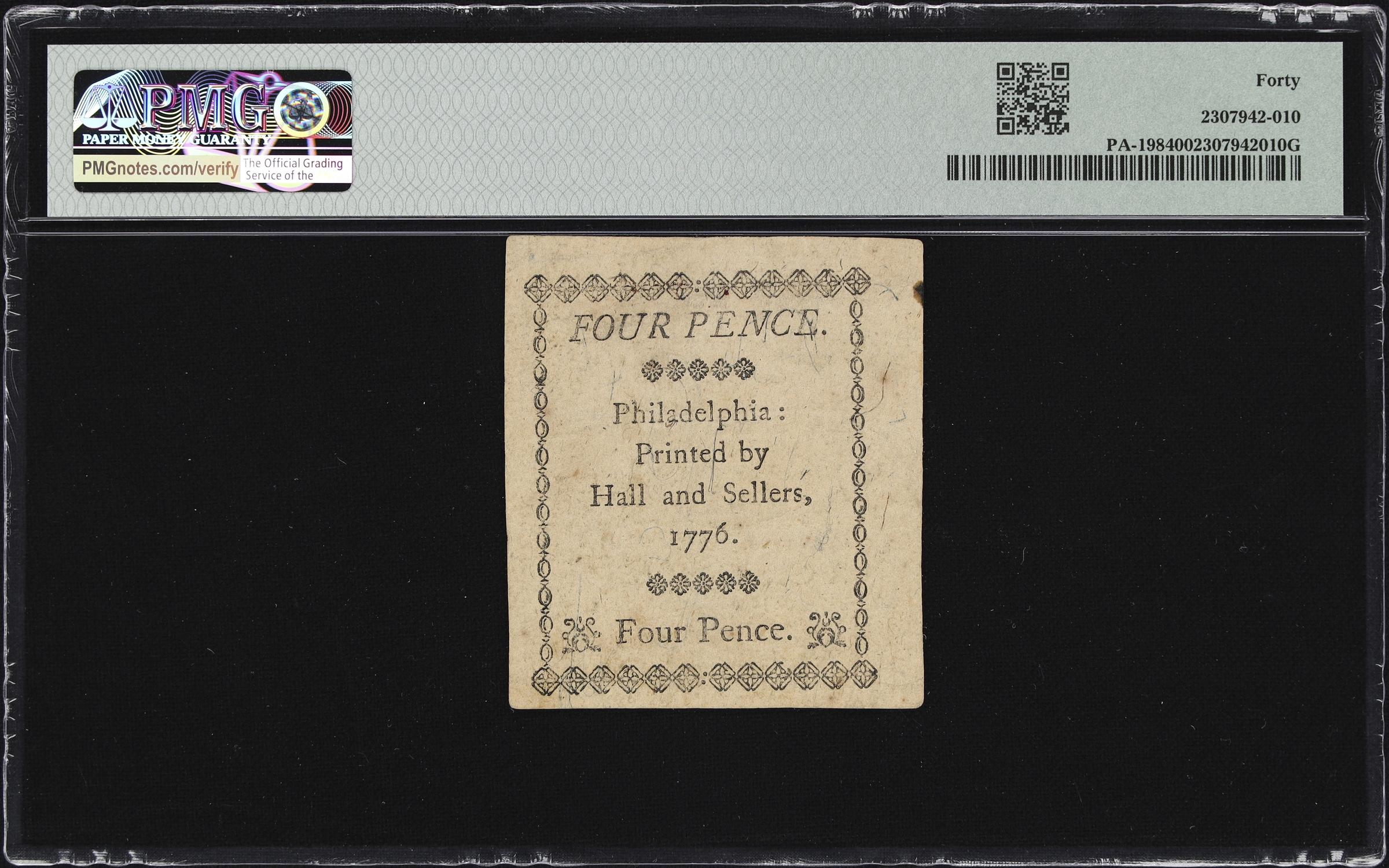 image for: PA-198. Pennsylvania. April 25, 1776. 4 Pence. PMG Extremely Fine 40.
