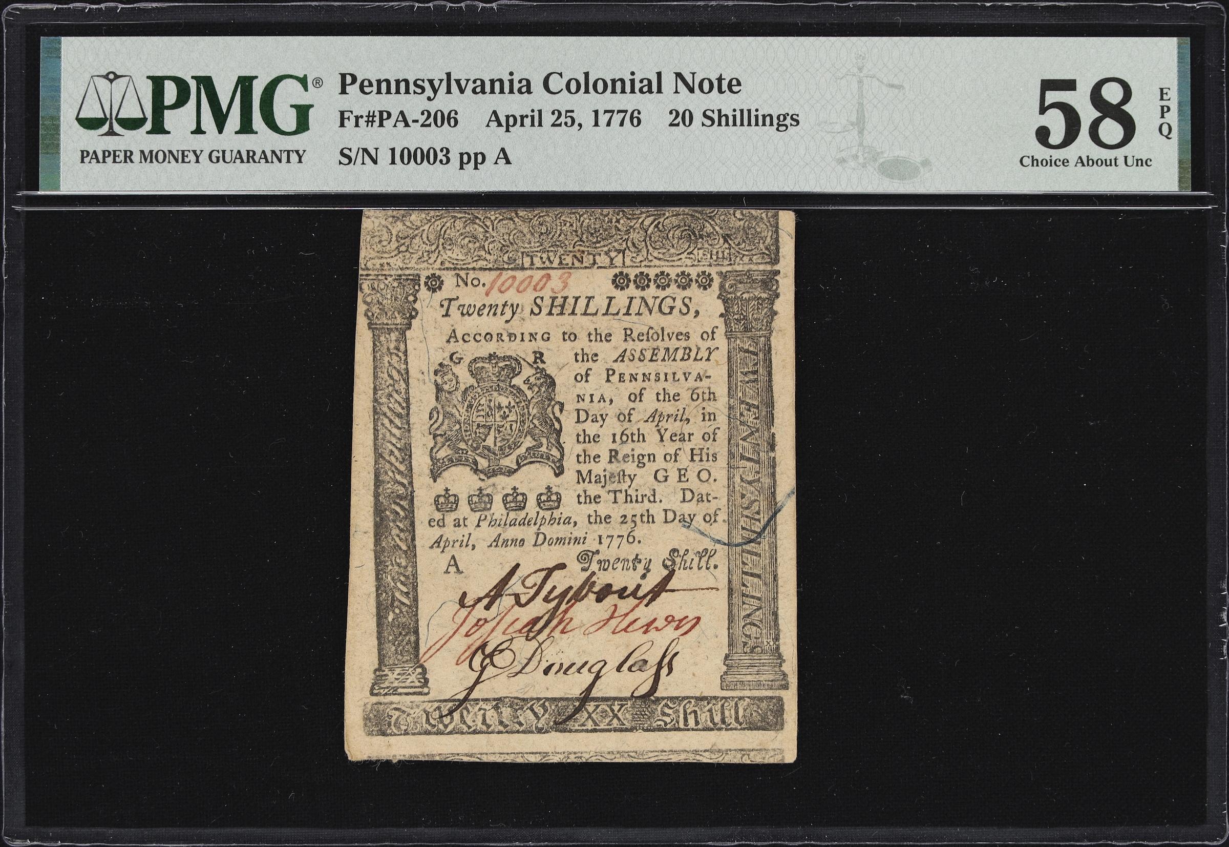 image for: PA-206. Pennsylvania. April 25, 1776. 20 Shillings. PMG Choice About Uncirculated 58 EPQ.