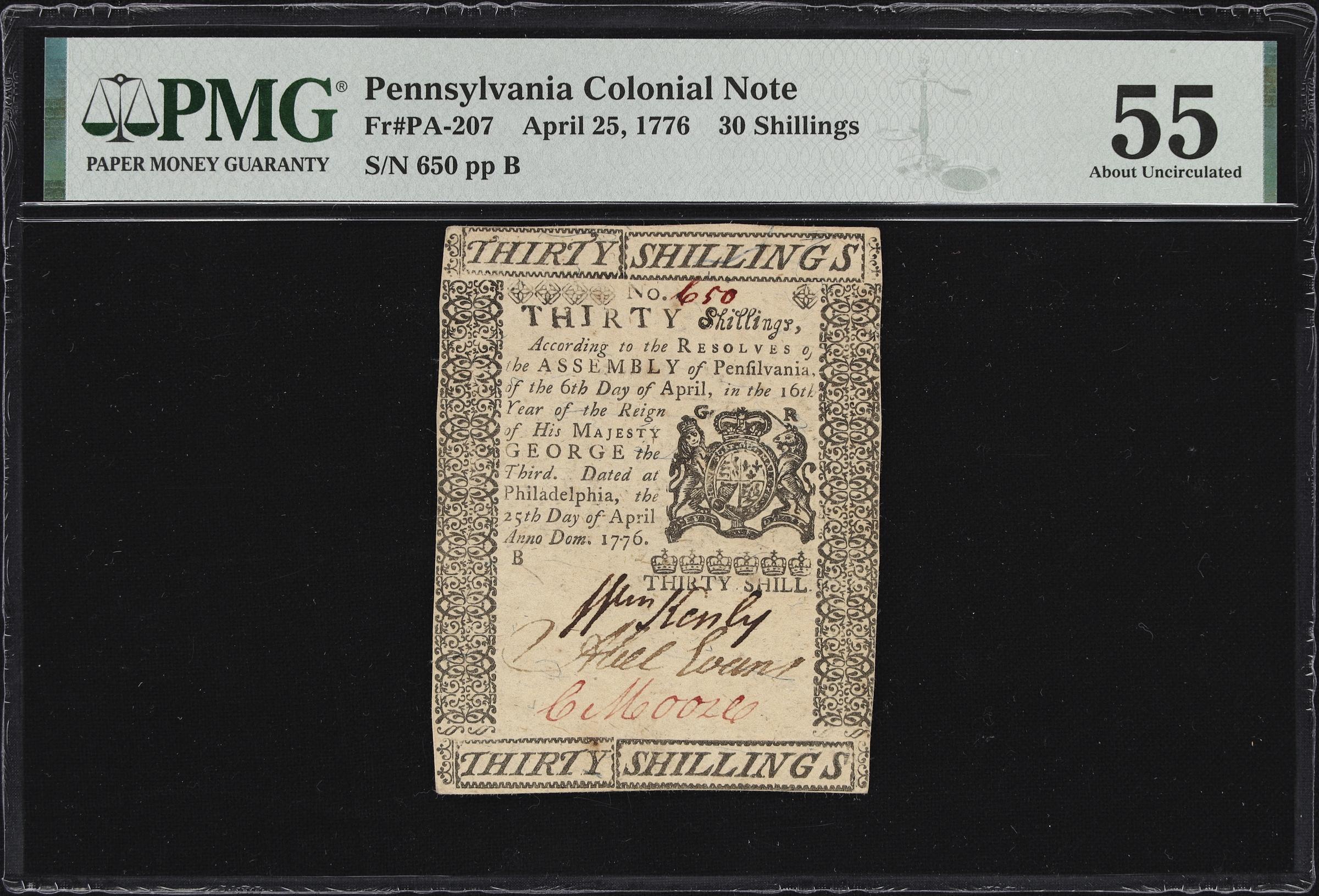image for: PA-207. Pennsylvania. April 25, 1776. 30 Shillings. PMG About Uncirculated 55.