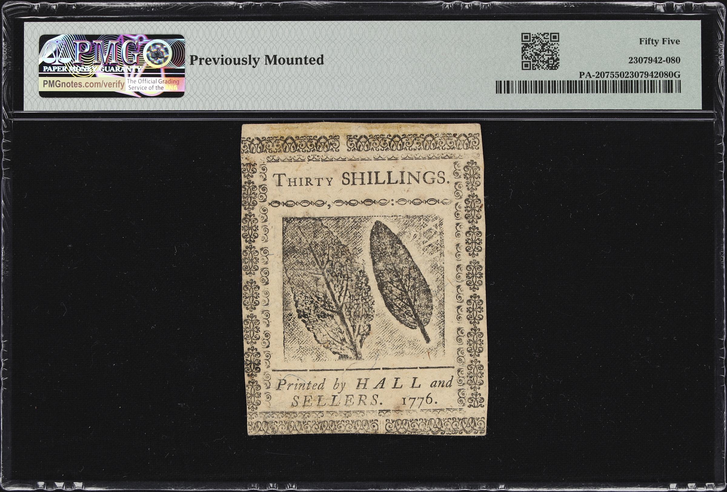 image for: PA-207. Pennsylvania. April 25, 1776. 30 Shillings. PMG About Uncirculated 55.