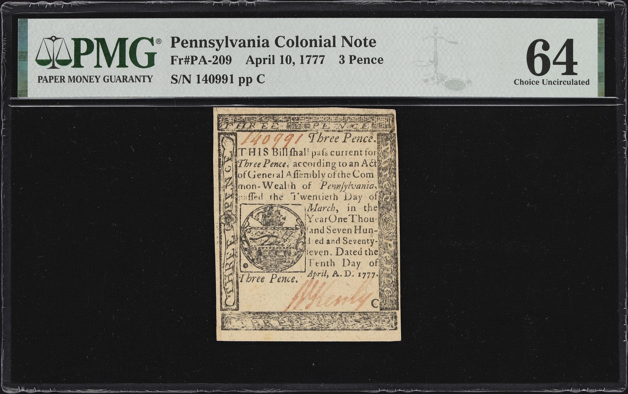 image for: PA-209. Pennsylvania. April 10, 1777. 3 Pence. PMG Choice Uncirculated 64.