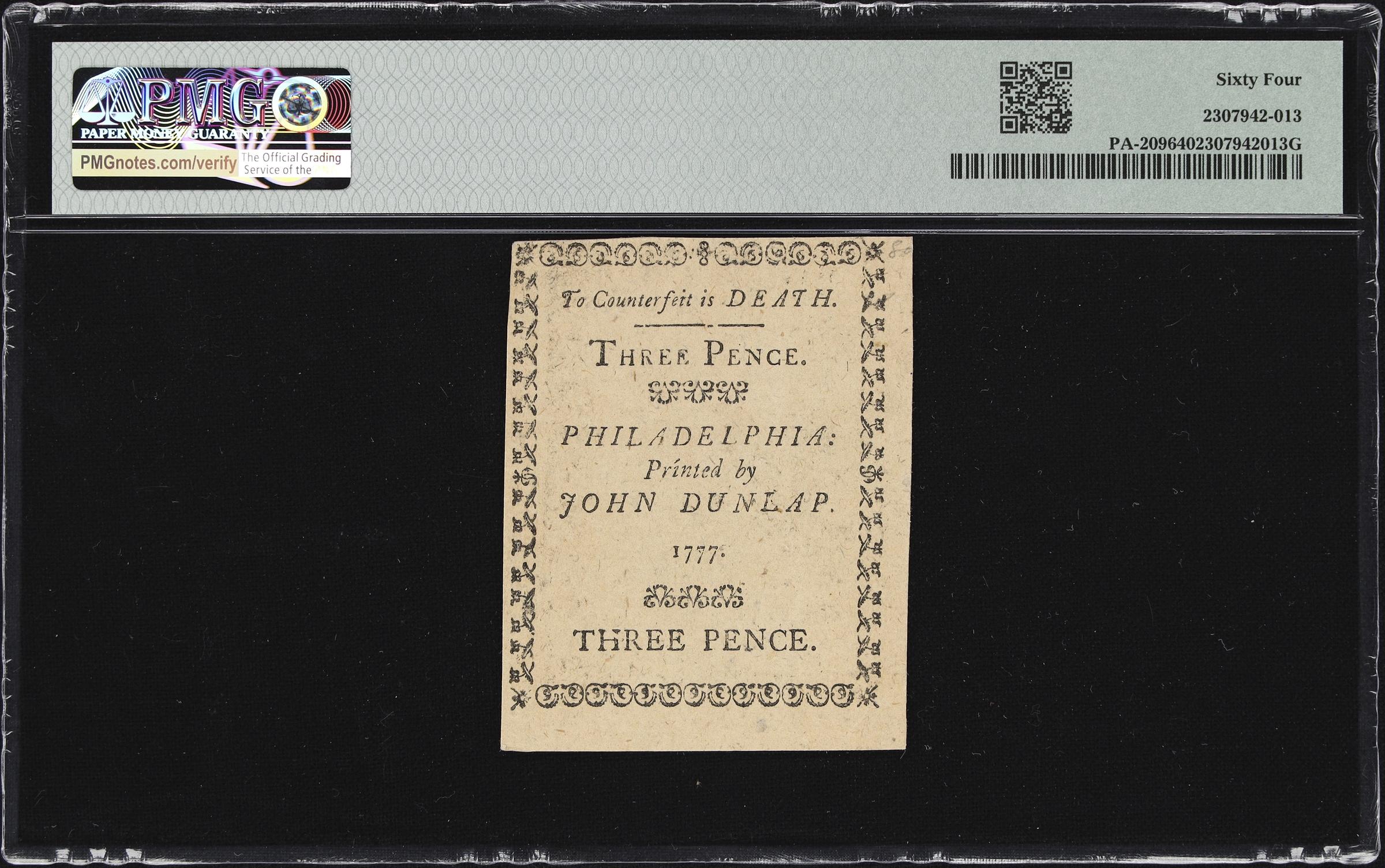 image for: PA-209. Pennsylvania. April 10, 1777. 3 Pence. PMG Choice Uncirculated 64.